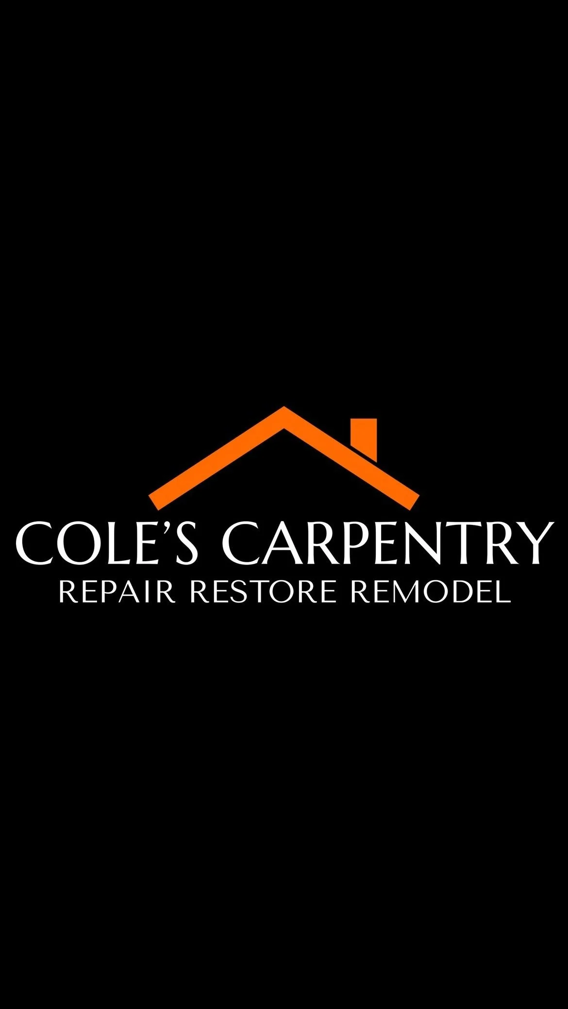 Logo for Cole's Carpentry featuring a stylized orange roof outline and brick chimney, with company name and services listed below on a black background.