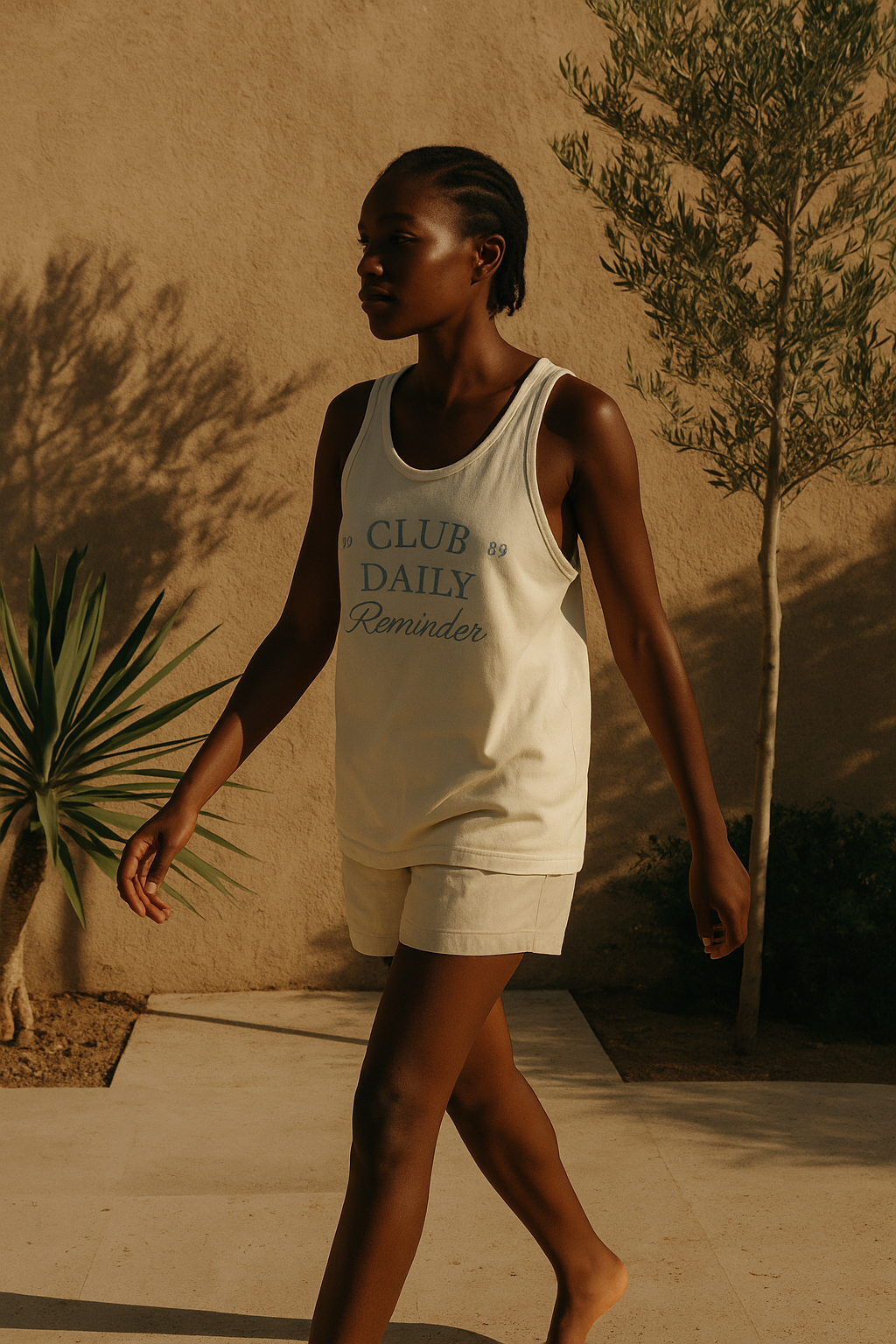 Femme portant un débardeur blanc avec le texte "Club Daily Reminder", shorts blancs, marche sur un trottoir en extérieur, avec un mur beige et des plantes en arrière-plan, éclairée par la lumière du soleil.