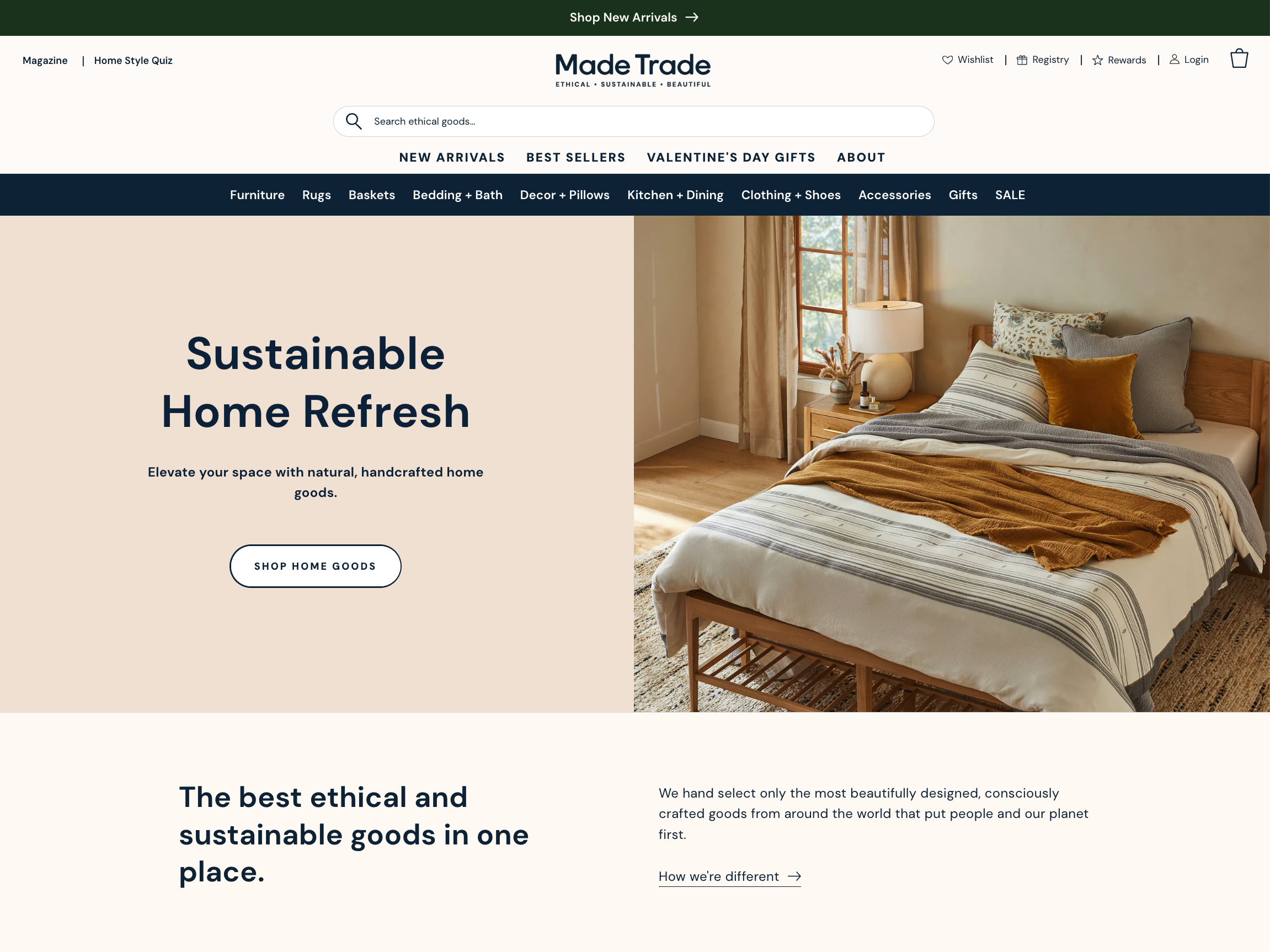 Homepage of an online store called featuring a bedroom with a neatly made bed, wooden side table, lamp, and window with beige curtains, promoting sustainable home goods.