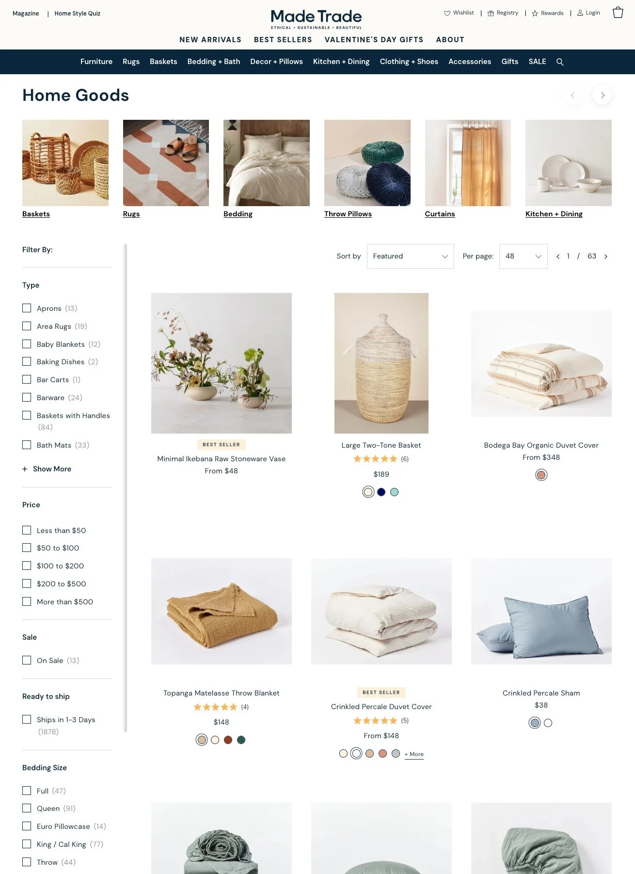 Online shop webpage displaying home goods, including baskets, rugs, bedding, throw pillows, curtains, and kitchen items.