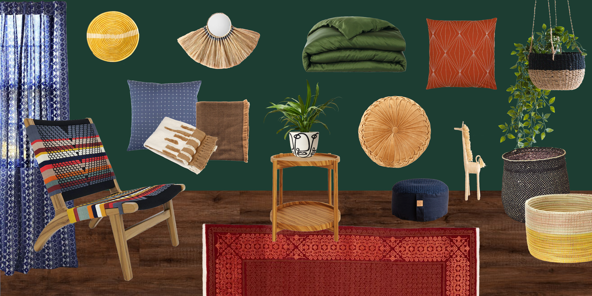 A living room with a dark green wall showcasing various colorful home decor items including cushions, woven baskets, a potted plant, a round floor cushion, a small wooden table, an armchair with a woven seat, and a red patterned rug on a wooden floor.