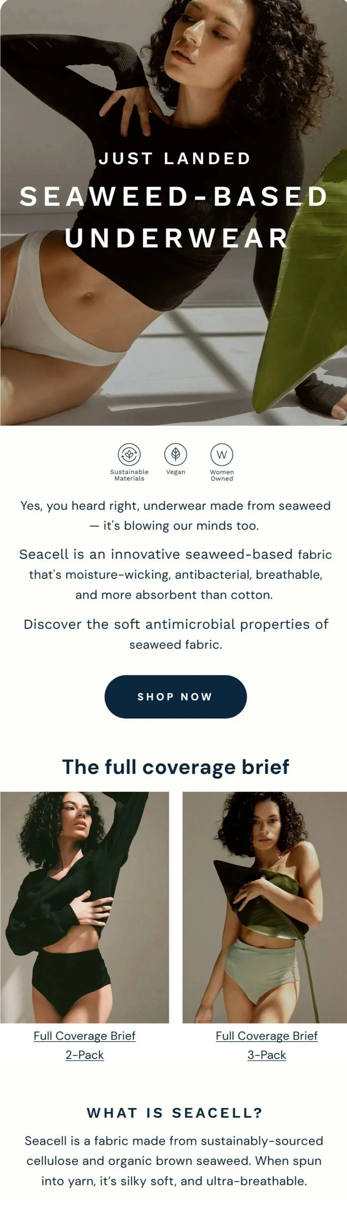 Example of a Klaviyo email design - a woman with curly hair wears underwear, alongside text promoting sustainable, vegan, women-owned, seaweed-made underwear, highlighting its antibacterial, breathable, and moisture-wicking properties.
