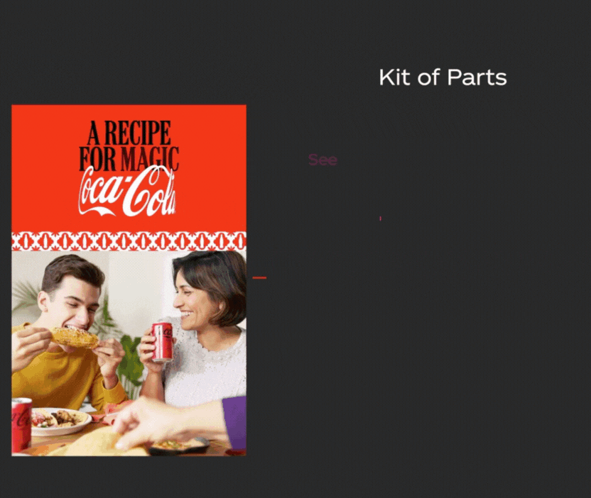 A gif of ads for Coca-Cola featuring a photo of a young man and woman smiling and enjoying food and drinks at a table.