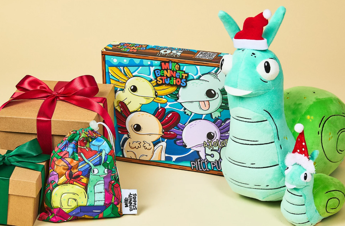 Mike Bennett Case Study - Collection of toy snail plush toys, a colorful puzzle box featuring cartoon axolotls, and wrapped gifts with ribbons.