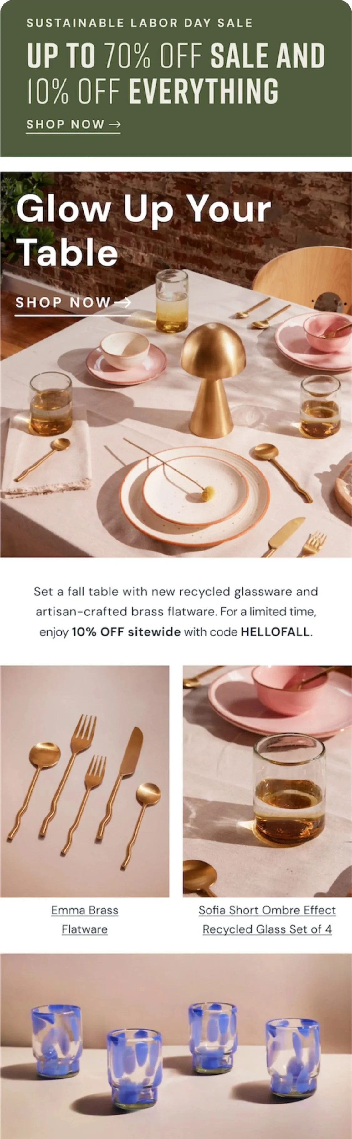 Example of a designed Klaviyo email - featuring a styled table with pink and gold dinnerware, gold flatware, a gold mushroom-shaped table lamp, and blue recycled glassware. The text highlights the sale details and a call to action to shop now.