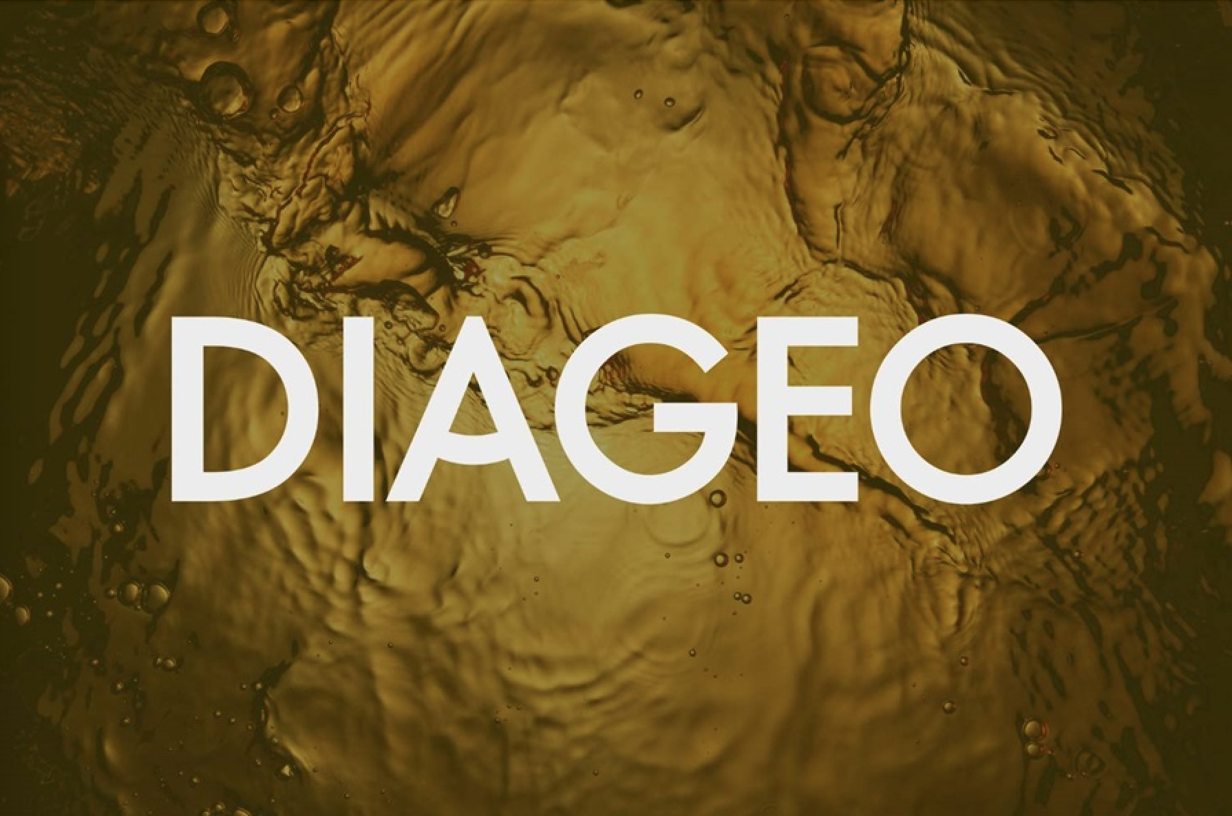 The wordmark of the company DIAGEO in bold white font over a swirling golden-brown liquid background with bubbles.