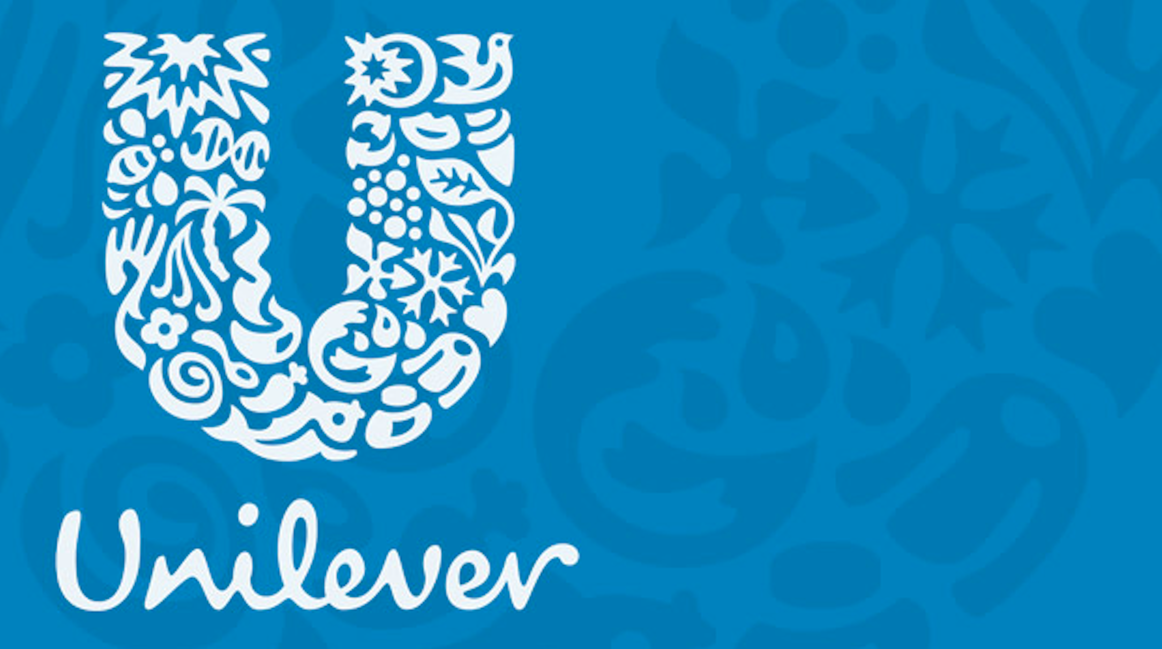 The image features a blue background with the Unilever logo and wordmark with the word 'Unilever' written in white cursive text.