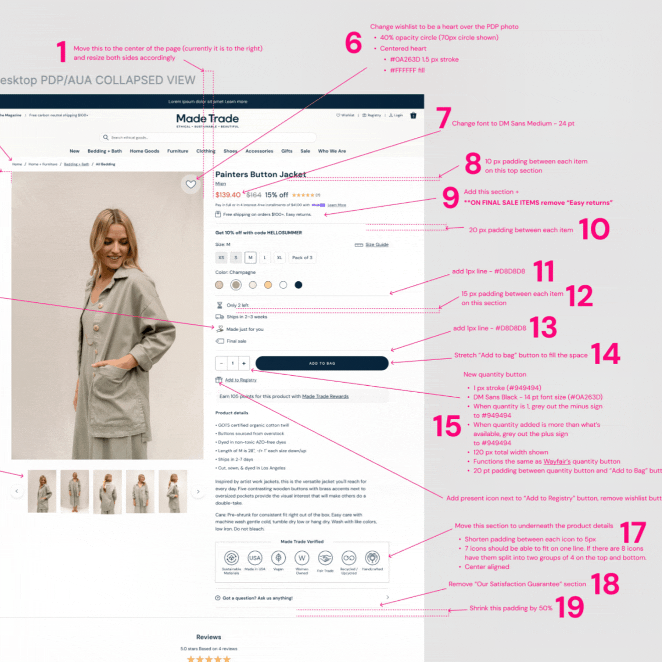 Instructions overlay on a webpage showing editing steps for product page layout and design adjustments, including repositioning, font, padding, borders, and section removals.