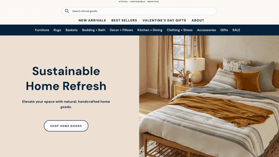 A gif of a website of sustainable home decor products featuring a bedroom with a bed, pillows, and a nightstand with a lamp and decorative items, next to a window with curtains.