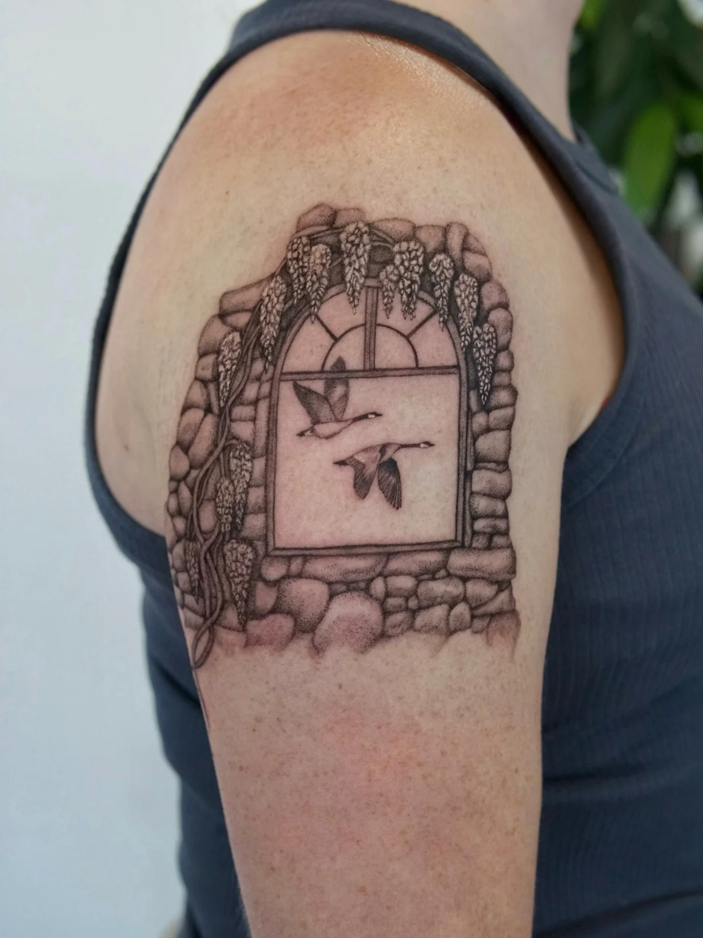 Custom design for Brice inspired by Mary Oliver&rsquo;s poem Wild Geese. We incorporated elements of whimsy by draping wisteria over the remnants of an old window. 

#pnwtattoo #seattletattoo #geesetattoo#washingtontattoo #finelinetattoos