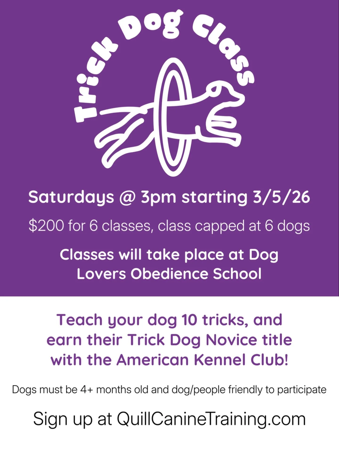 Want your dog to be a trick dog? I am SO excited to announce that I will be offering a trick dog class this March/April! Classes will be hosted at Dog Lovers Obedience School in the RVA area. 

All owners must fill out the &ldquo;new client form&rdqu