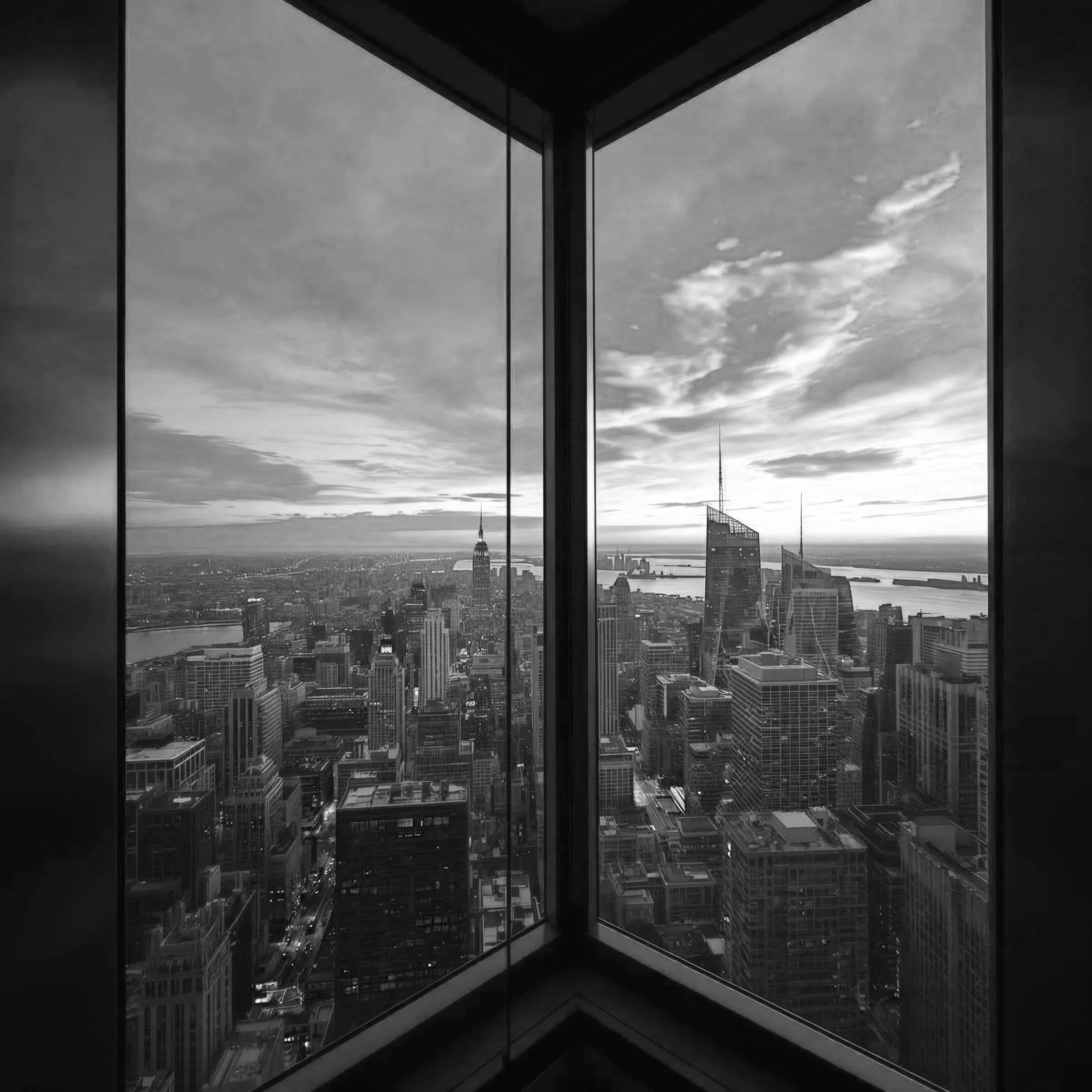 An image of a corner office with tall windows looking out on a collection of skyscrapers as the sun sets.  Soar Elevations aligns your business & strategy with clarity.