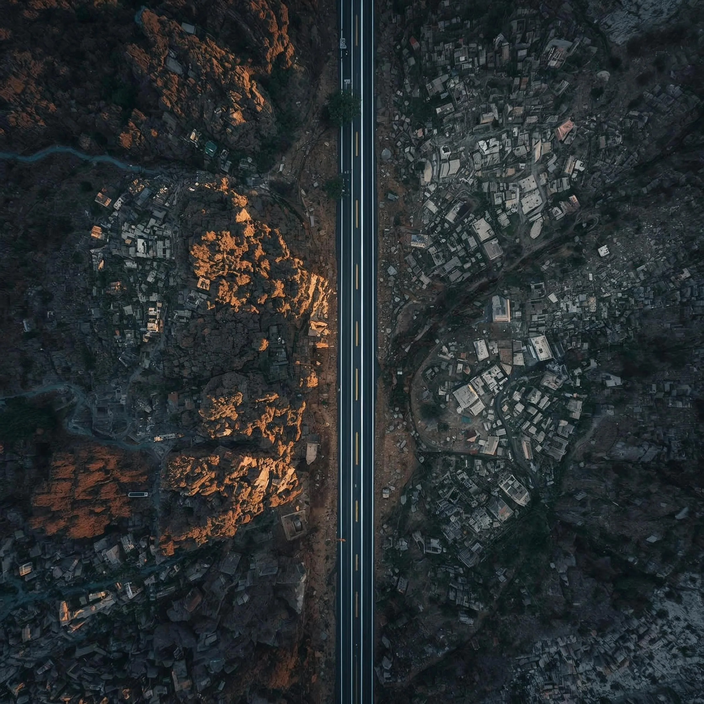 Aerial view of a highway running through a mountainous area with settlements on both sides, taken during sunset or sunrise.
