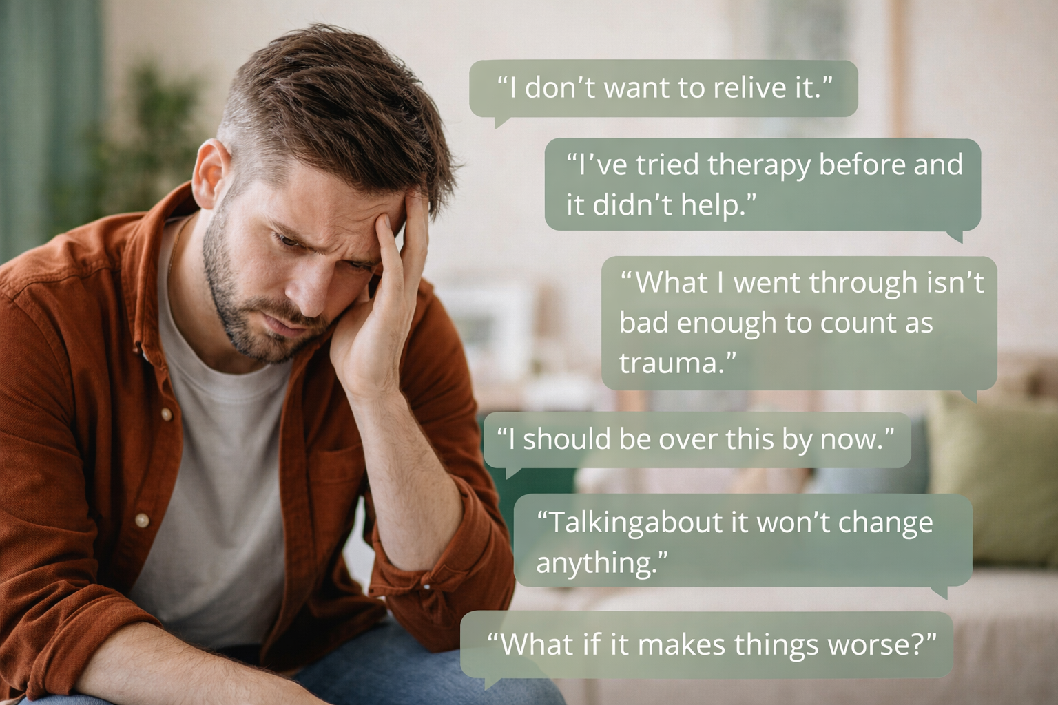 A man appears distressed, holding his head with his hand, with multiple lines of text in speech bubbles expressing concern and hopelessness.