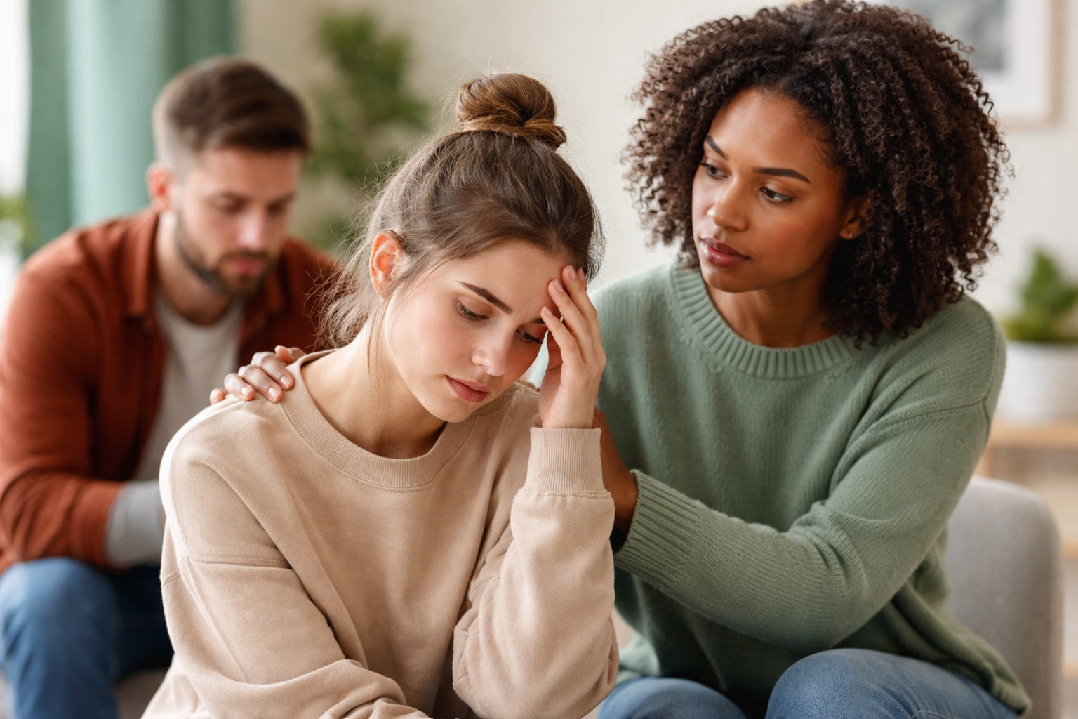 A woman with curly hair comforts a young woman with a bun, who looks distressed and holds her head in her hand, while a man sits in the background.