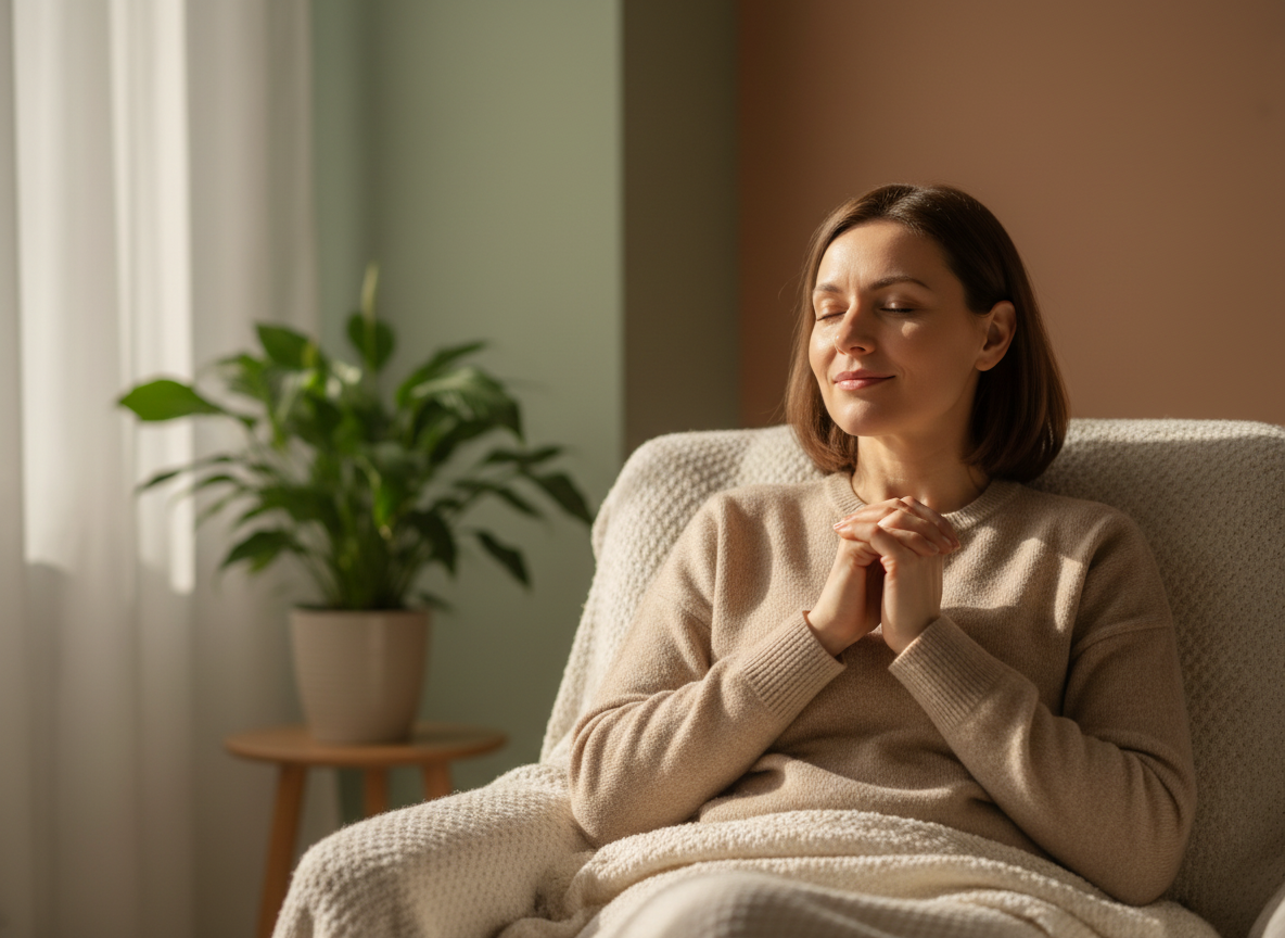 A woman with short brown hair sitting in a cozy, well-lit room with her hands clasped and eyes closed, appearing peaceful and content.