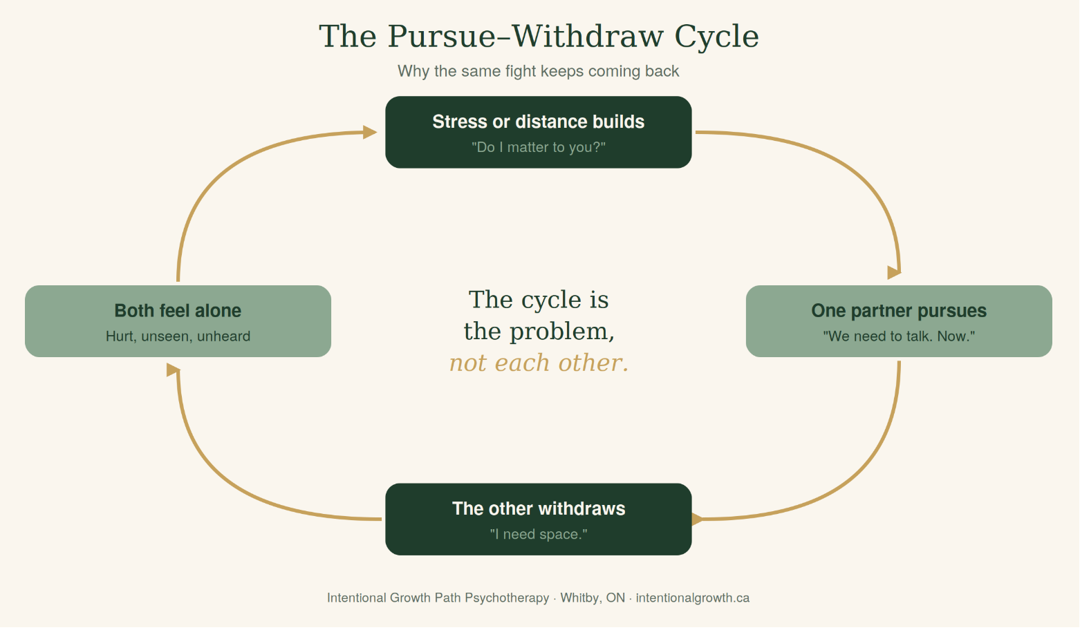 Diagram of the pursue-withdraw cycle in relationships: stress builds, one partner pursues, the other withdraws, and both feel alone.
