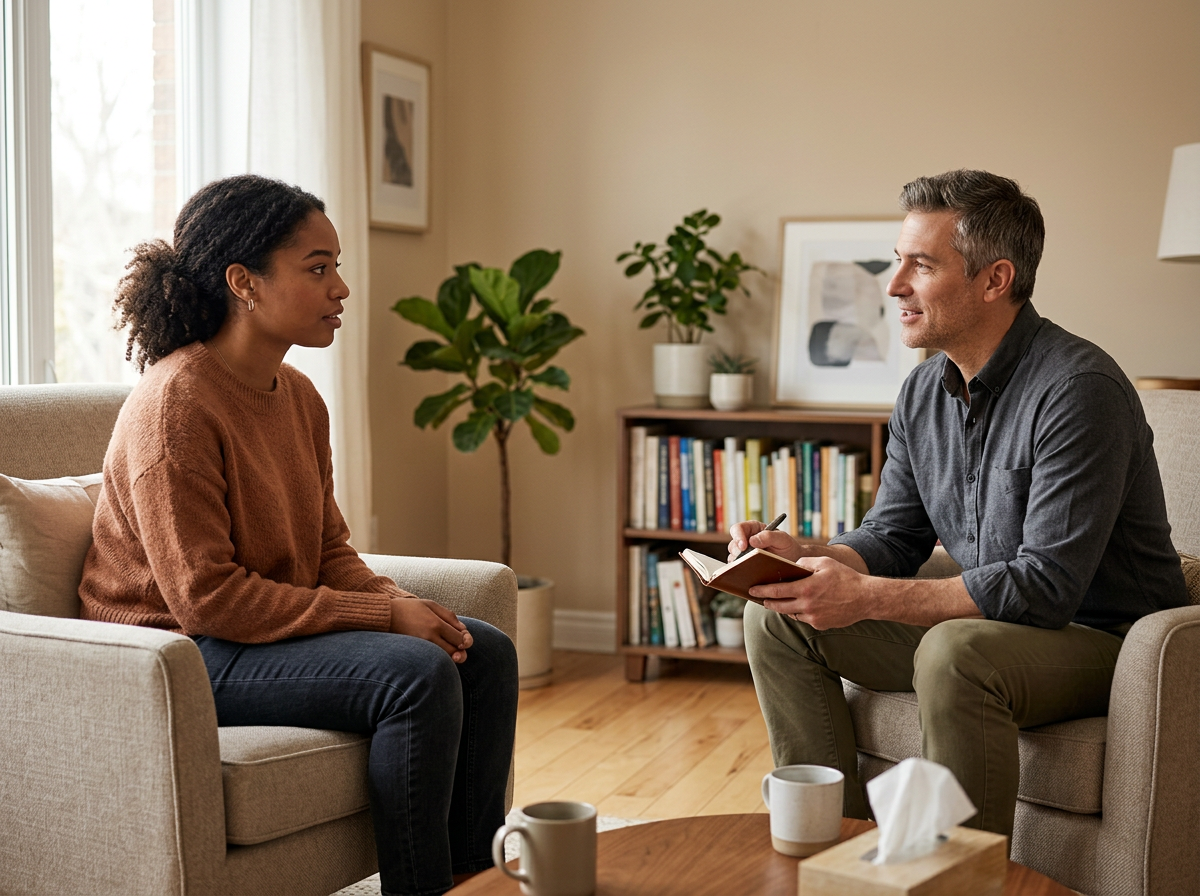 Therapist and client having a conversation in a warm, comfortable counselling space, with the therapist taking notes during an individual therapy session.