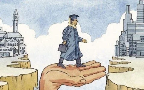 Young graduate walking from college to industry