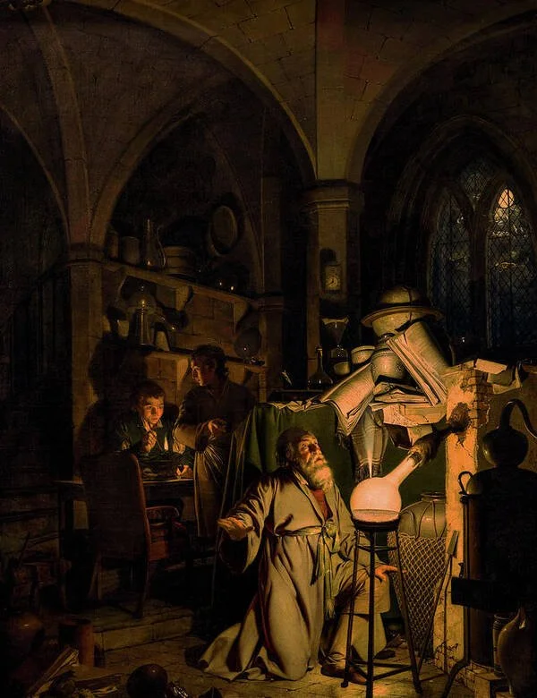 The Alchemist Discovering Phosphorus, 1771 art print by Joseph Wright of Derby.
