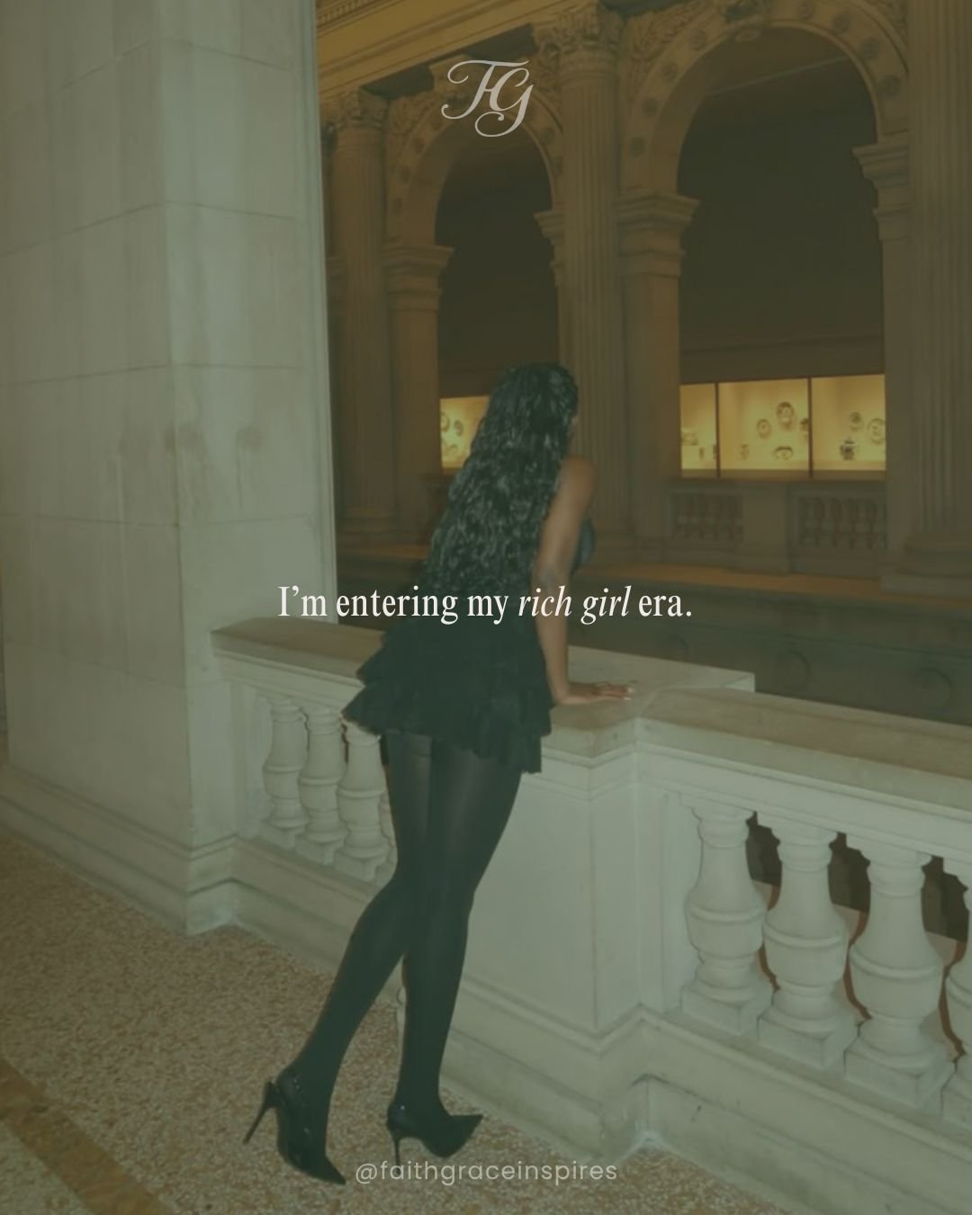 A woman with curly dark hair wearing a black dress and high heels, standing in a grand museum with classical architecture, looking at exhibits. Text overlay says 'I'm entering my rich girl era.'