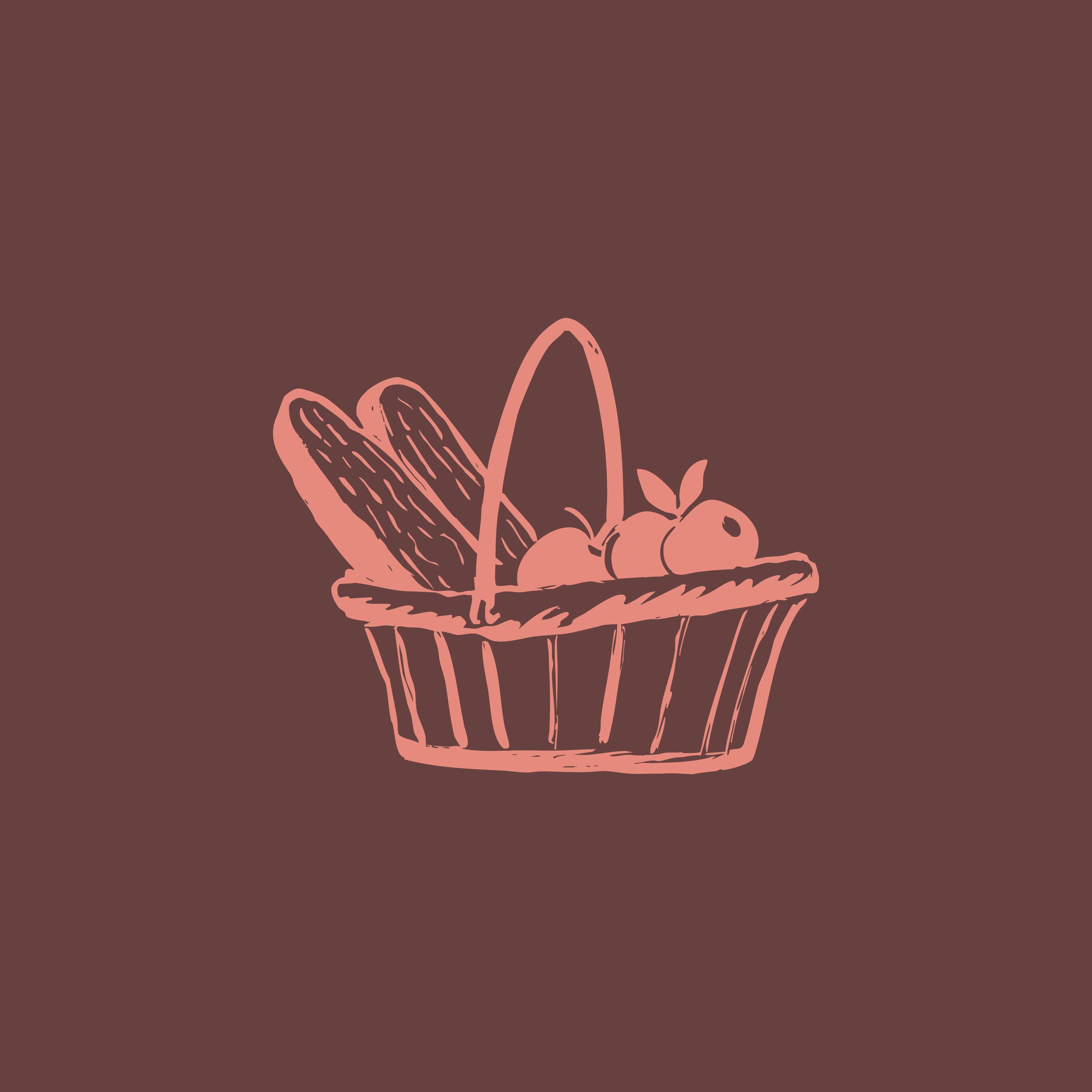 Line drawing of a basket filled with various fruits and items, including cherries, apples, and two large leaves or loaves, on a brown background.