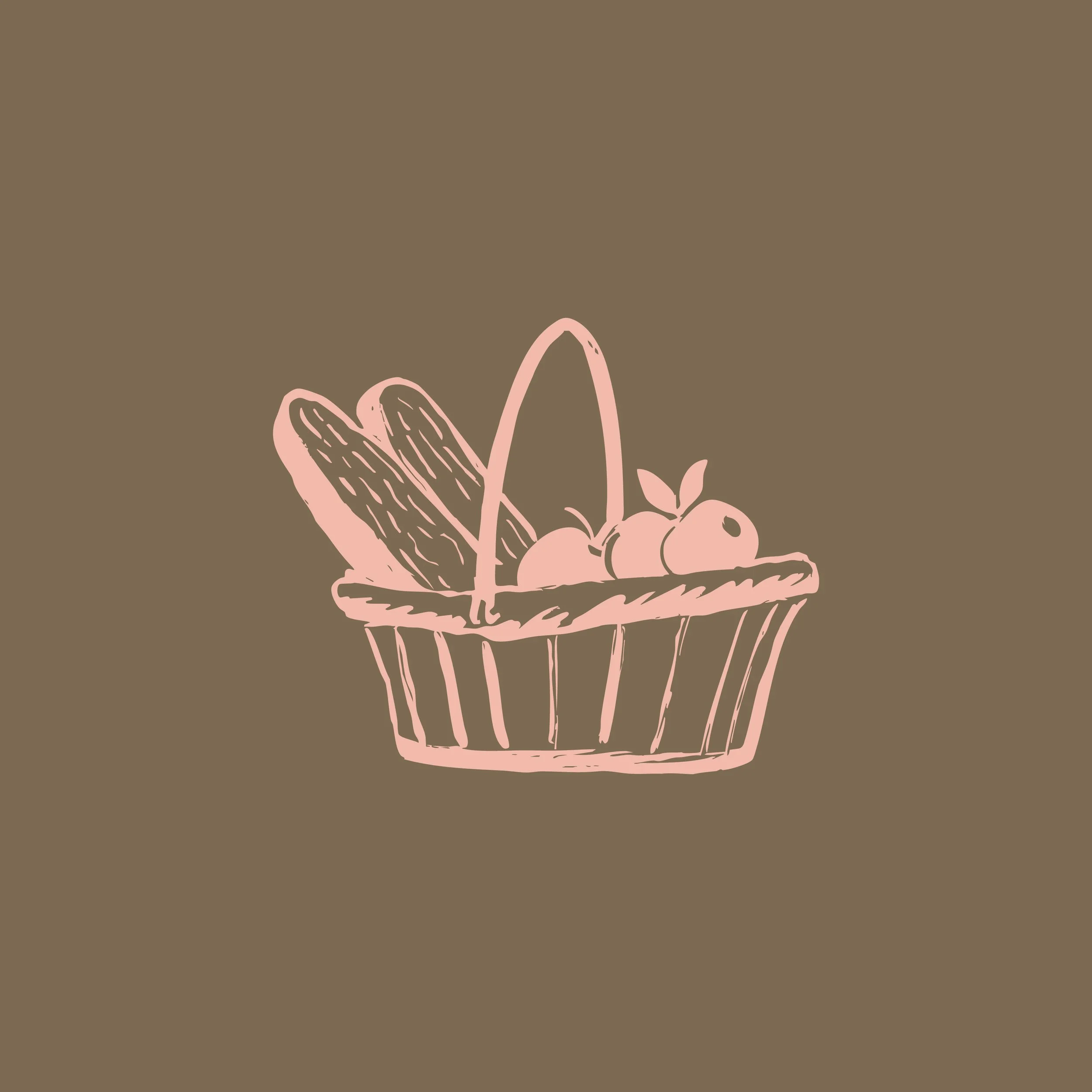 Pink sketch of a basket with fruit, leafy plants, and a handle on a brown background.