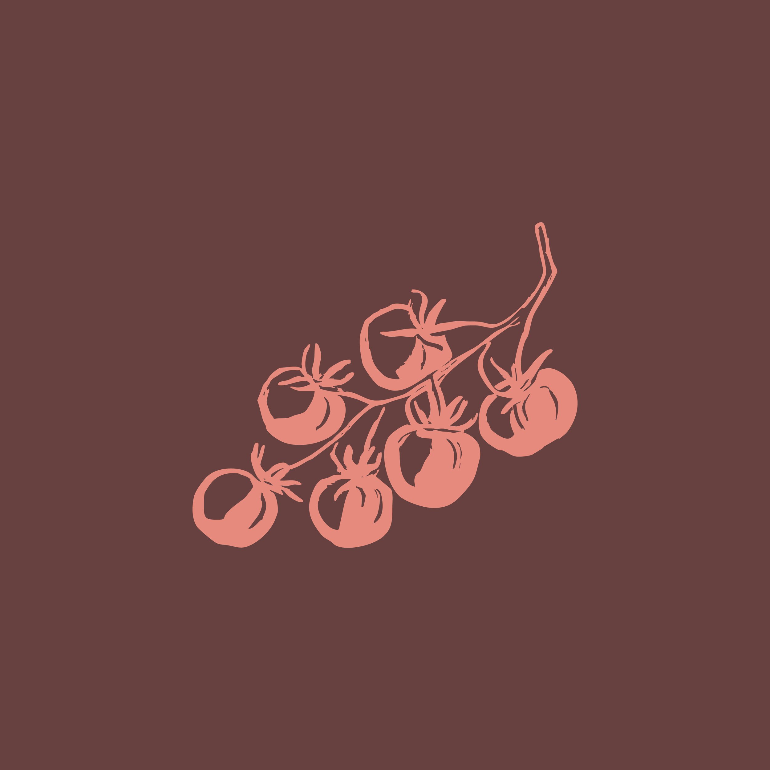 A digital illustration of a cluster of tomatoes on a vine on a brown background.