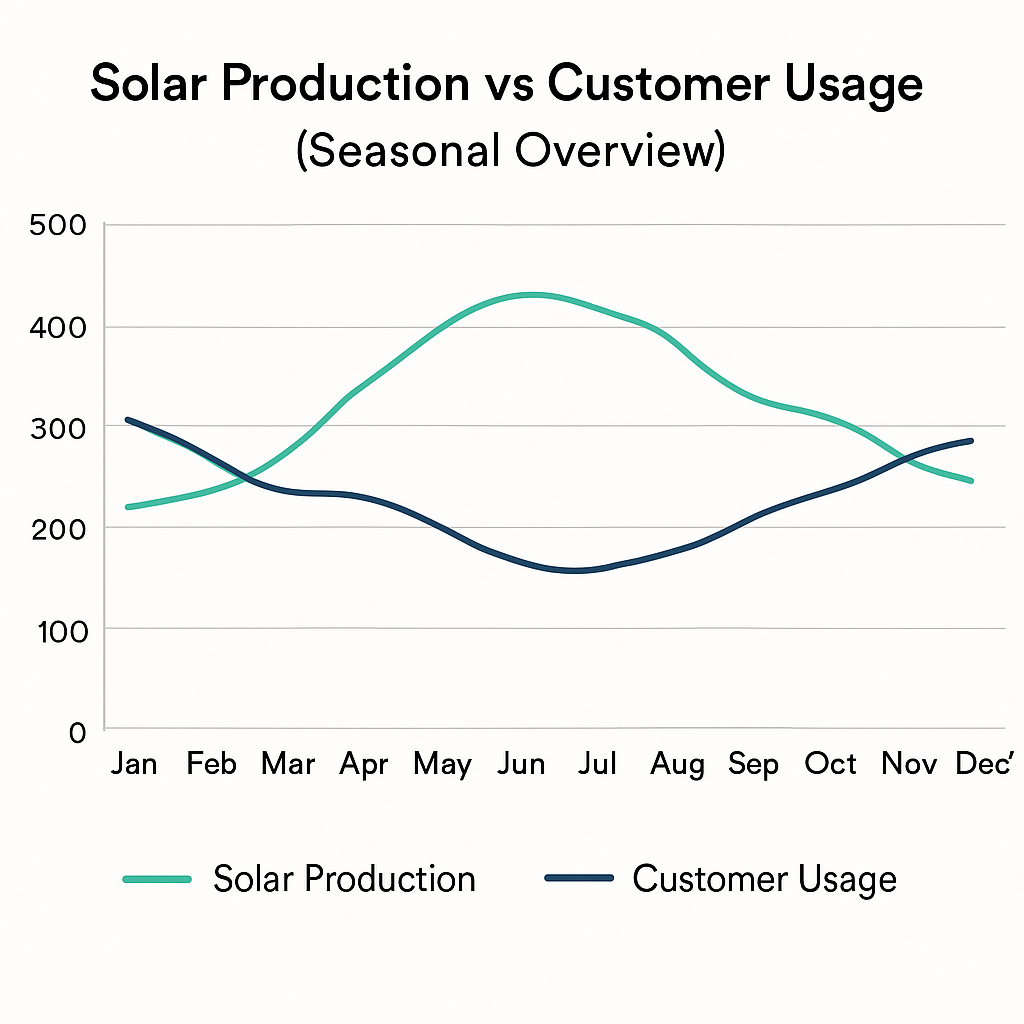 Line graph titled 'Solar Production vs Customer Usage (Seasonal Overview)' showing solar production and customer usage from January to December. Solar production peaks in June and declines thereafter, while customer usage starts high in January, dips in June, then rises again towards December. Solar production line is higher in the middle months, and customer usage line crosses it near the start and end of the year.
