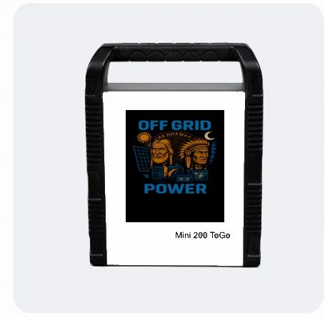 A memory card with a custom label featuring a graphic of two faces, solar and lunar symbols, and the words 'Off Grid Power'.