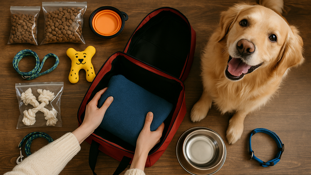 Dog food, bowls and supplies packed for a stay