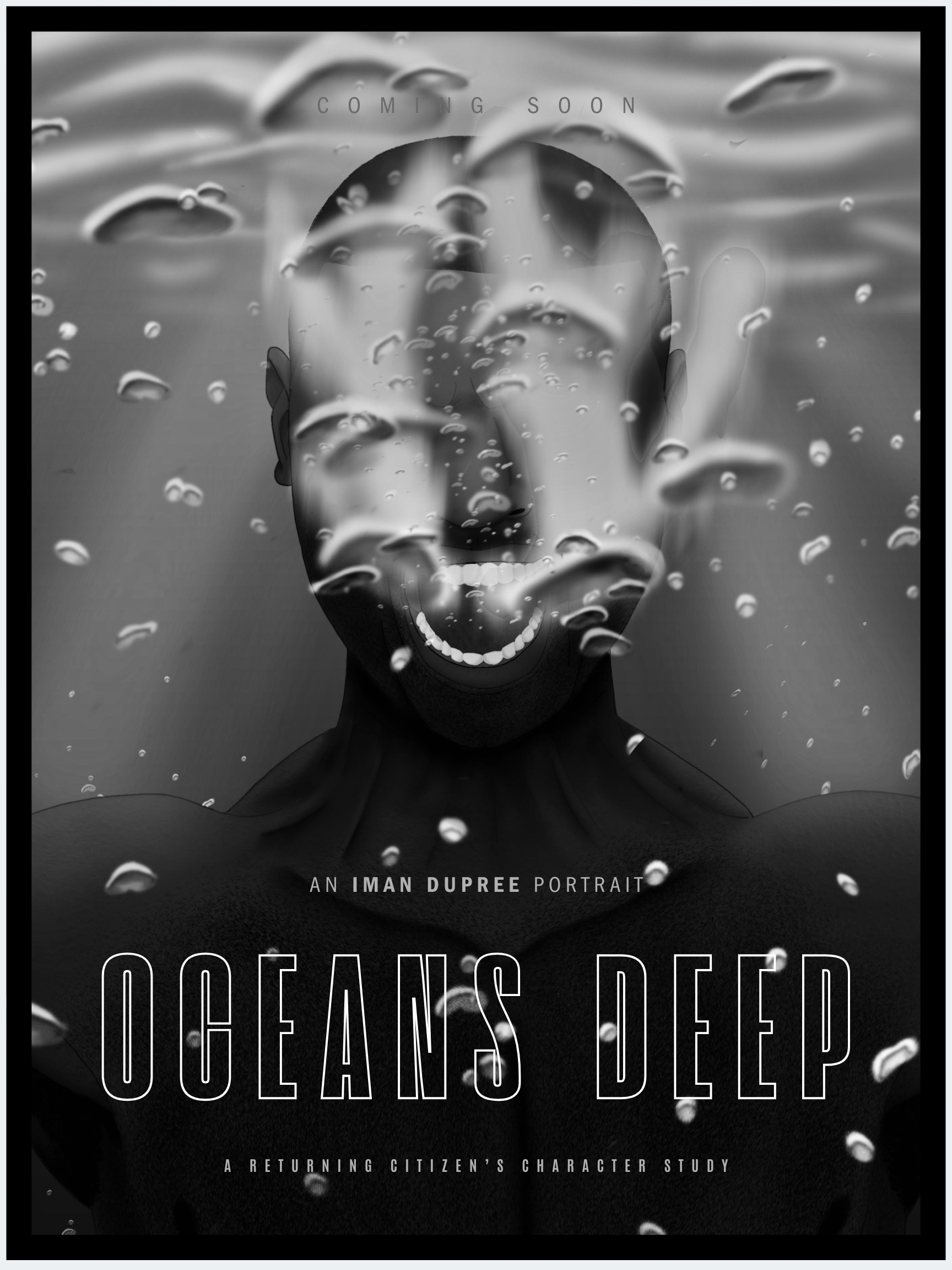 An animated black and white poster of a Black man drowning for the forthcoming film Oceans Deep.