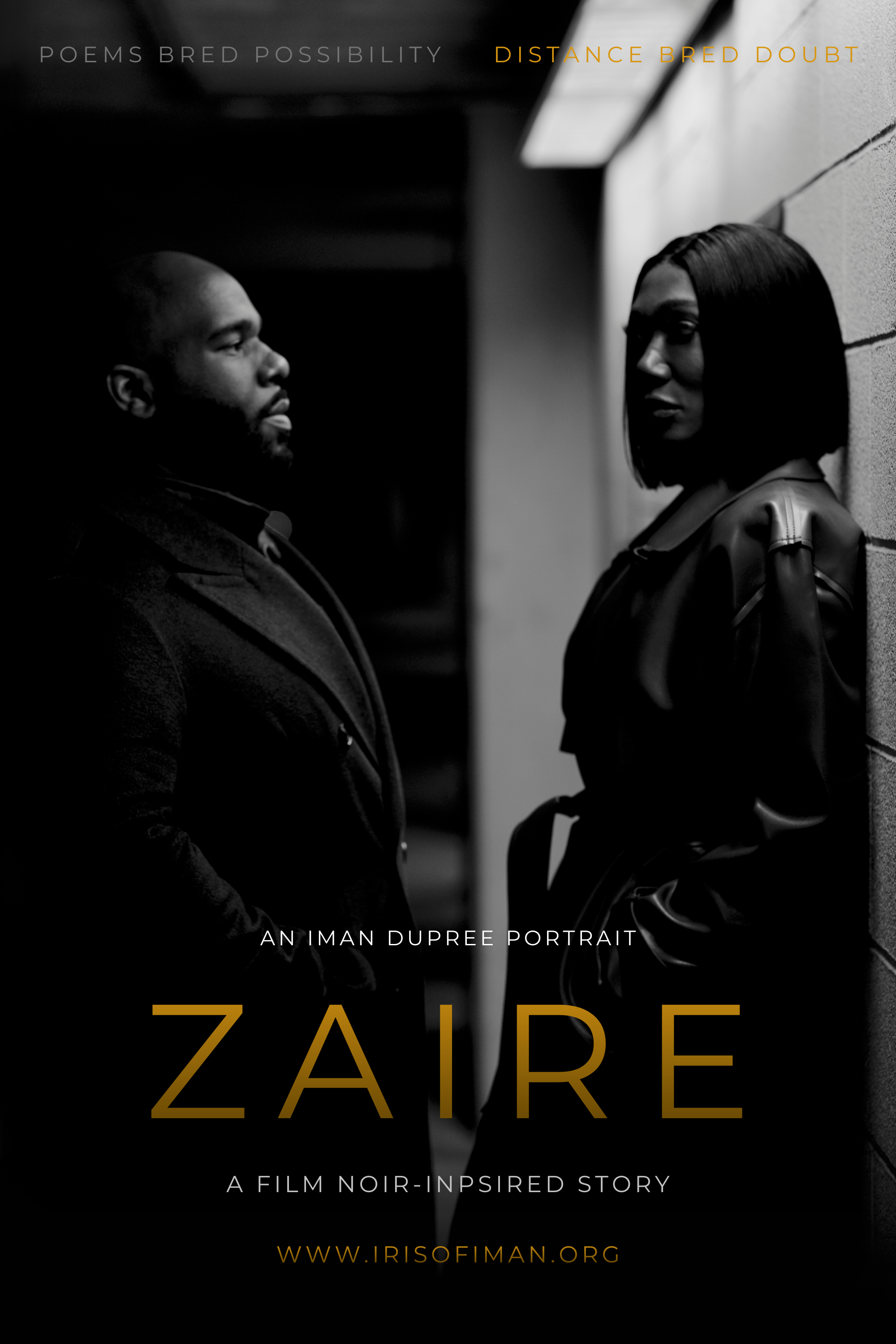 A black and white image of a Black man standing before a Black trans woman in a parking garage.