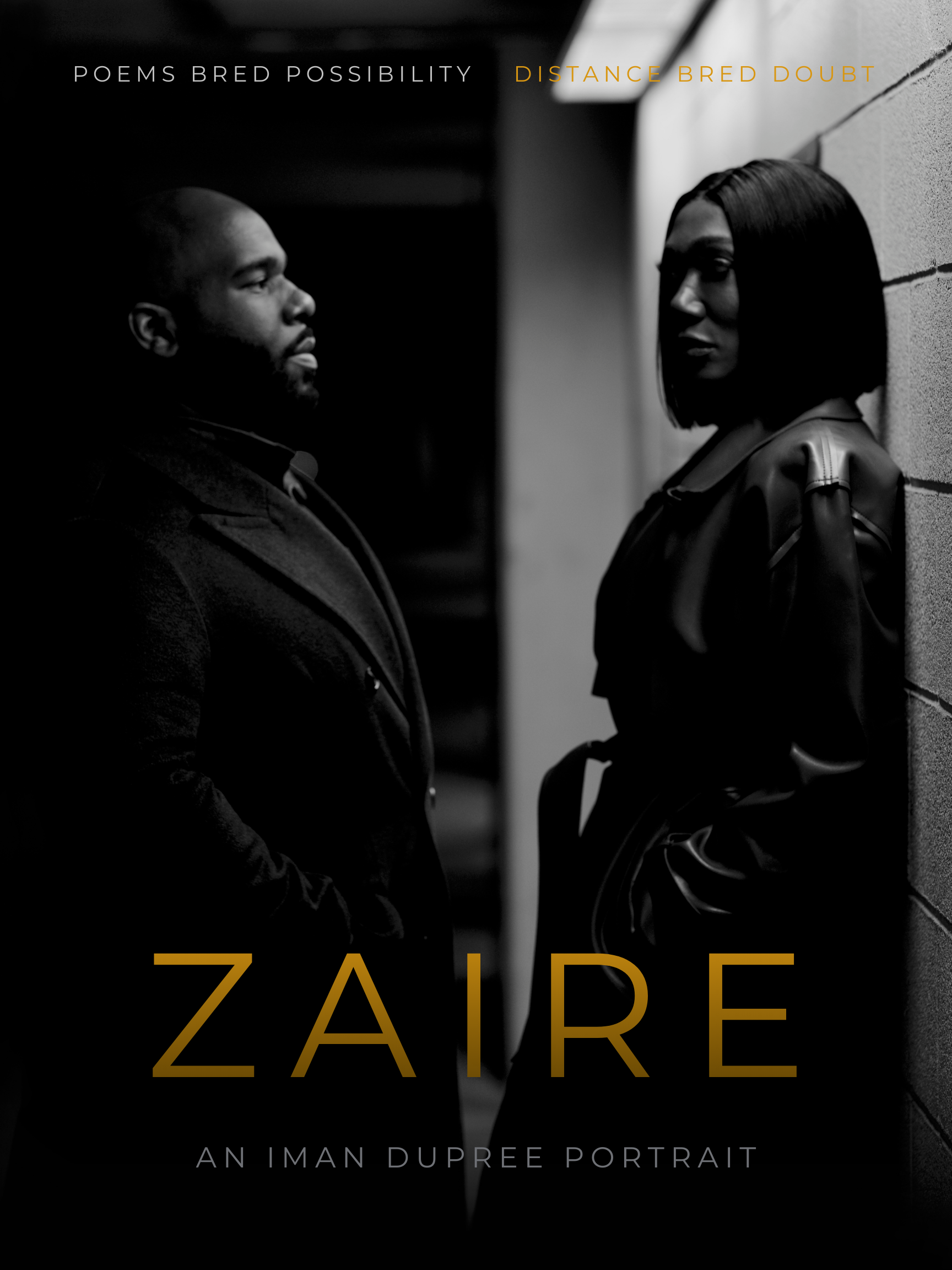 Carmen Banks as “Zaire” and Benji as “Marcus” in a film poster for “ZAIRE”.