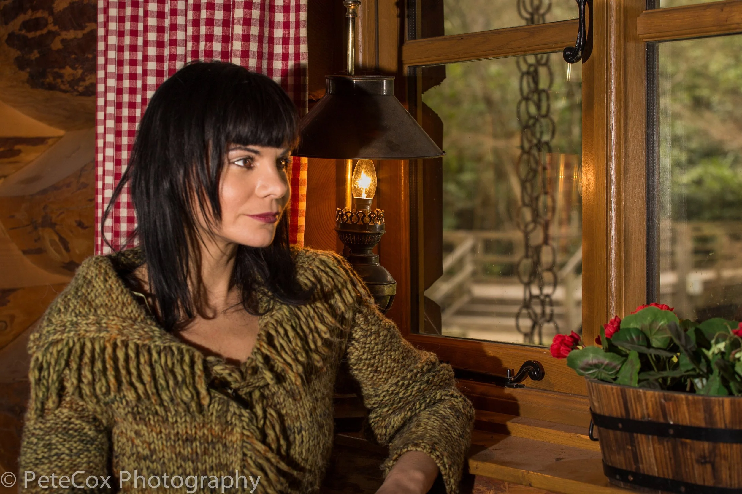 A woman with black hair and bangs sitting indoors near a window, with a wooden interior and a potted plant with pink flowers on the right.
