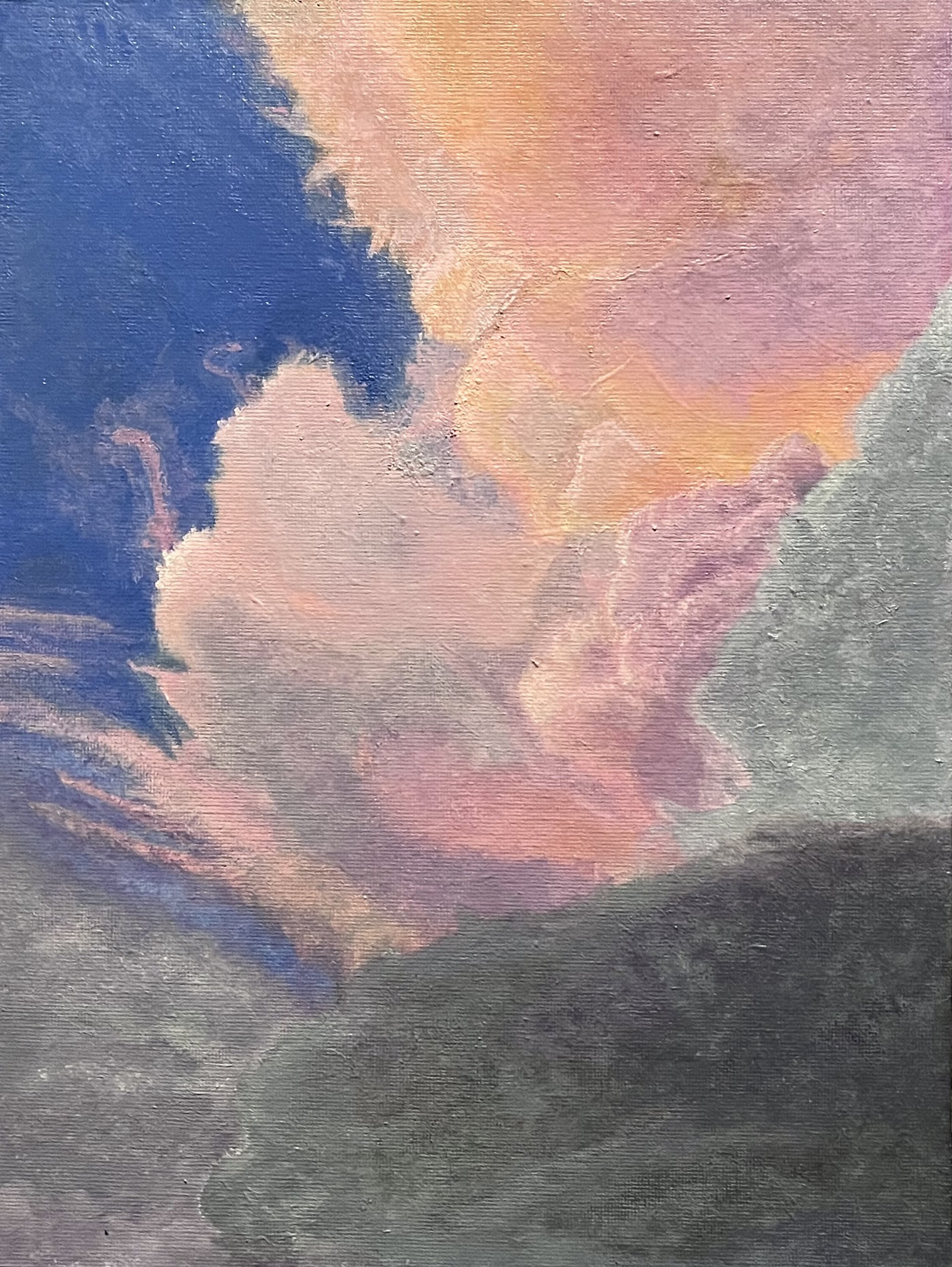 A painting of a colorful sky with pink, blue, purple, and gray clouds at sunset or sunrise.