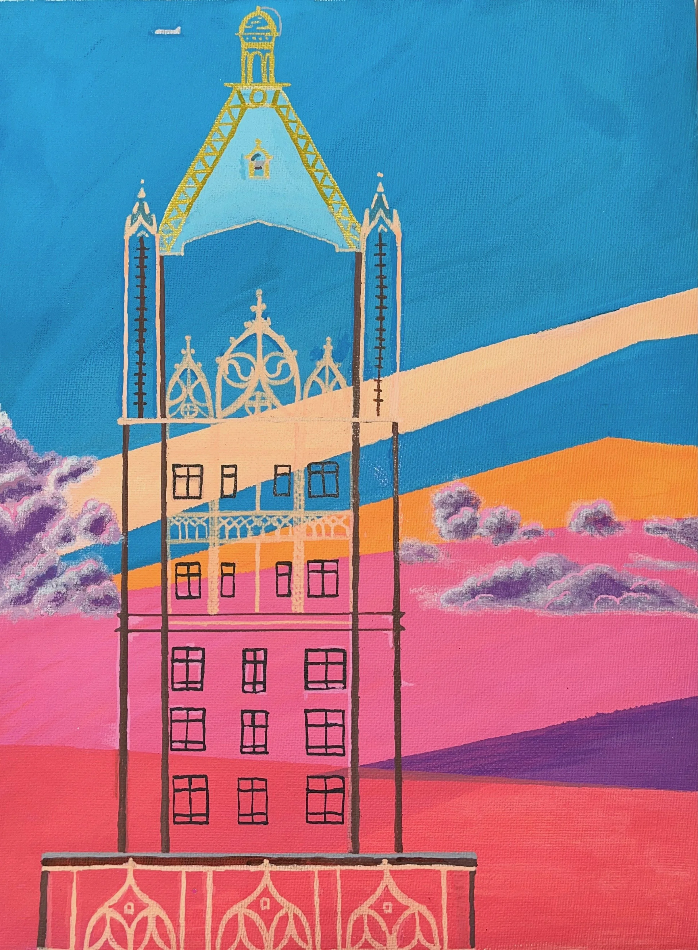 Colorful painting of a building with a decorative rooftop pediment, set against a pink and purple sunset sky with clouds.