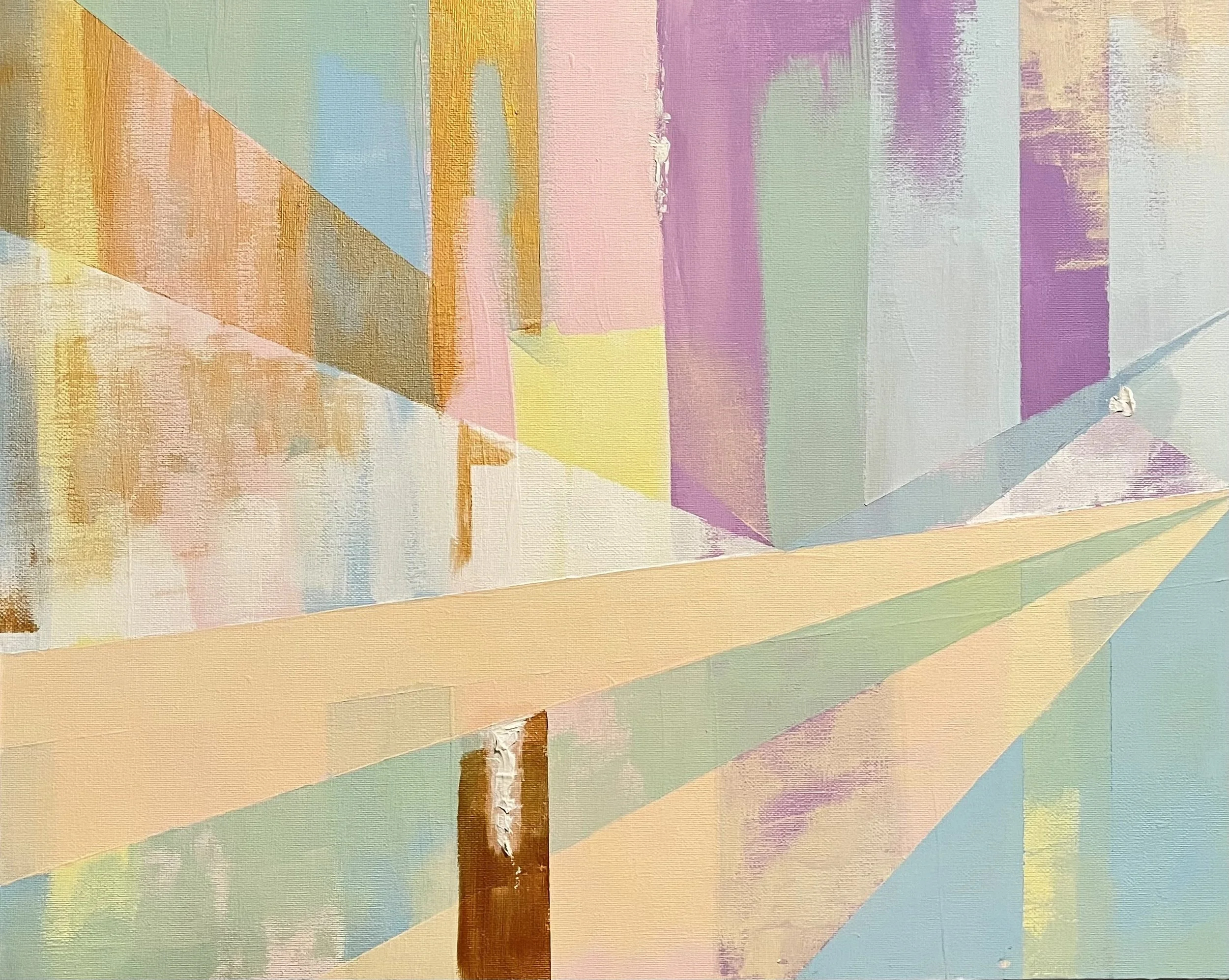 Abstract painting of a bridge with pastel colors, geometric shapes, and layered textured brushstrokes.