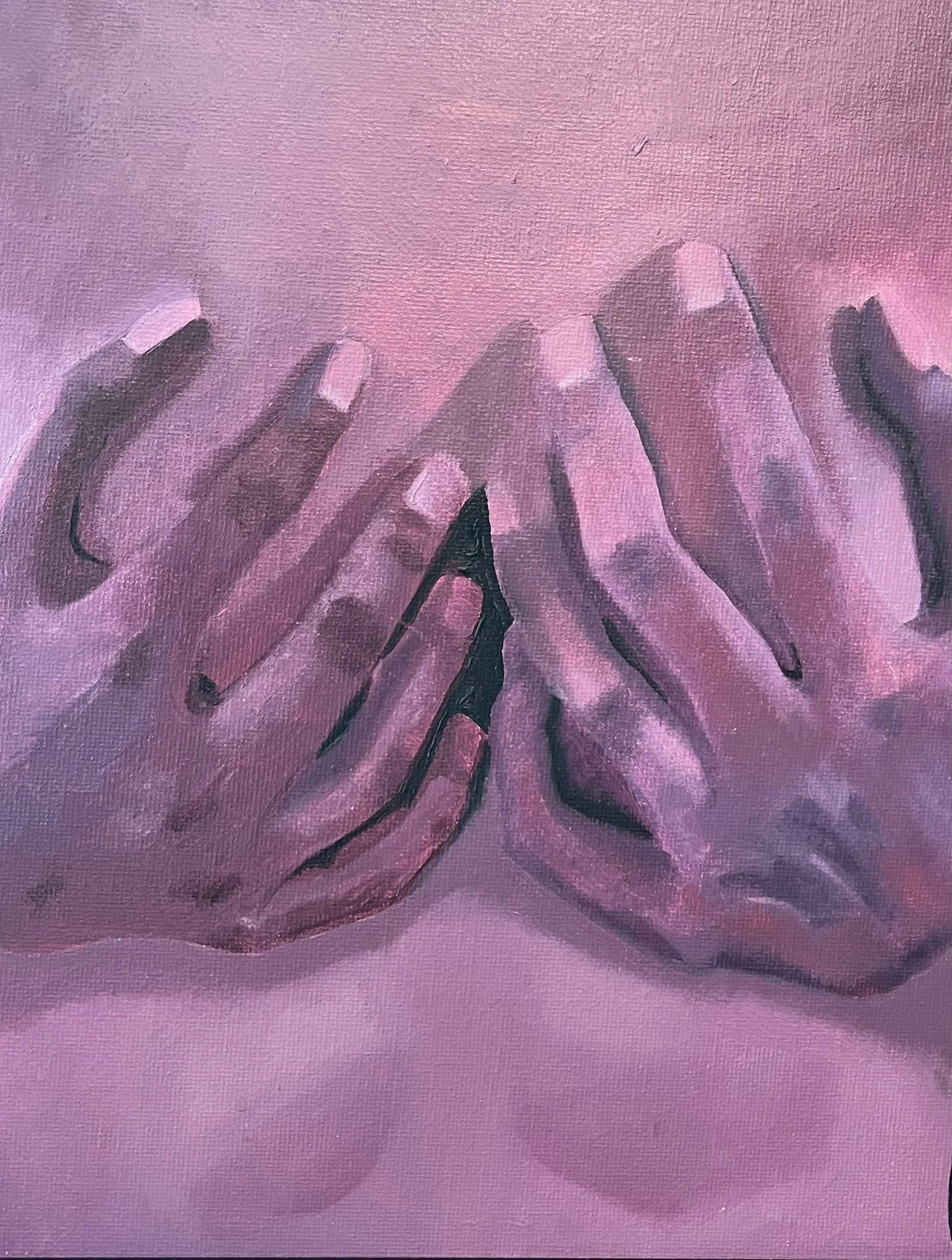 Painting of two hands gently touching, rendered in shades of pink and purple.