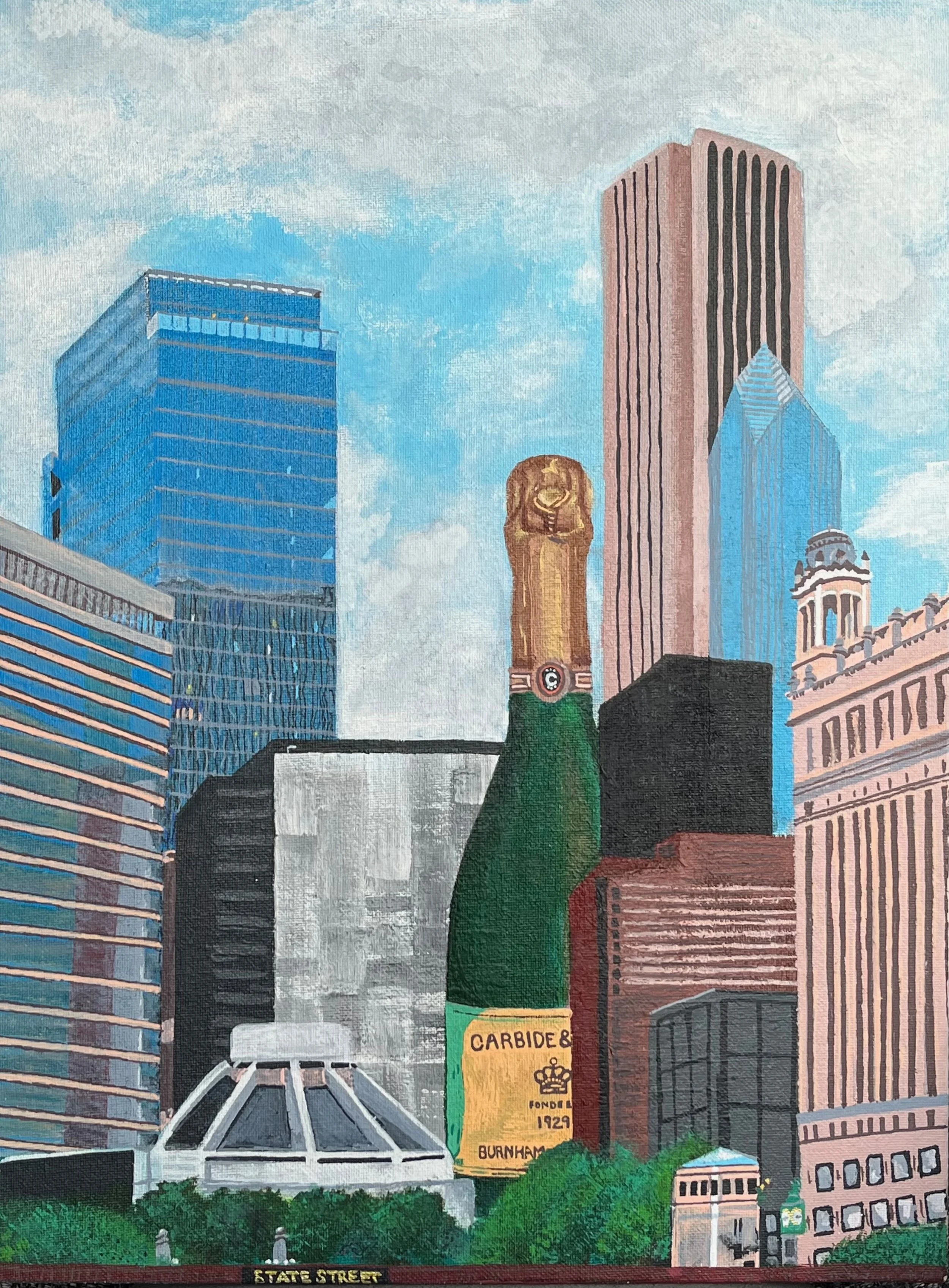 carbon and carbide, chicago, building, skyline, art, aon center, state street, champagne, buildings, skyscrapers