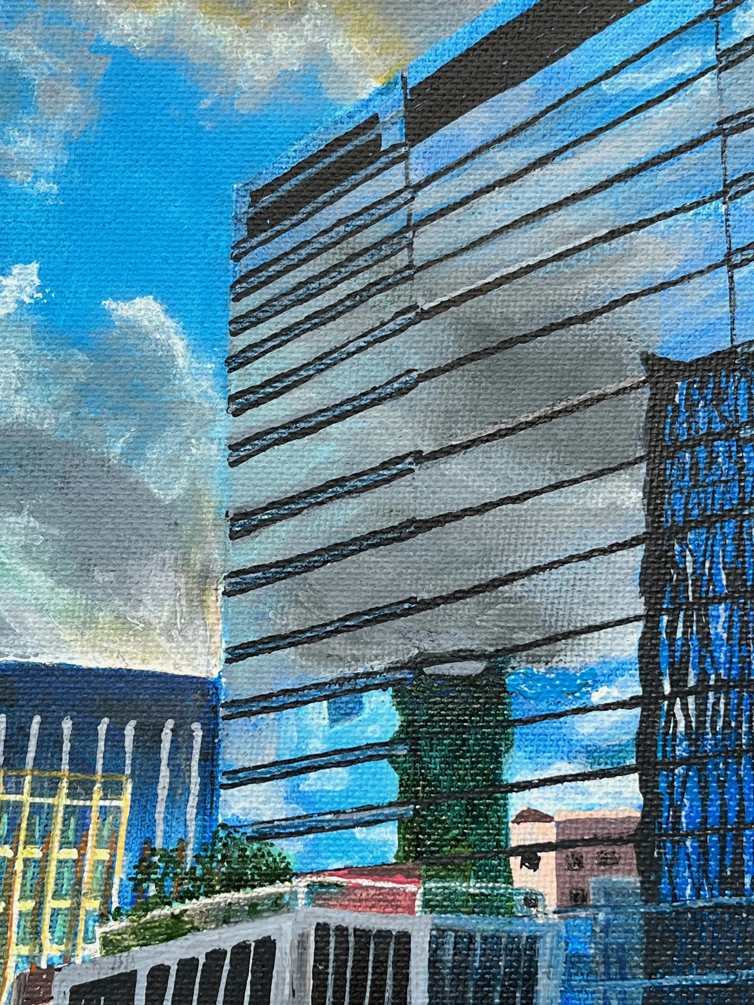 Painting of modern cityscape with tall buildings, sky with clouds, and trees in foreground.