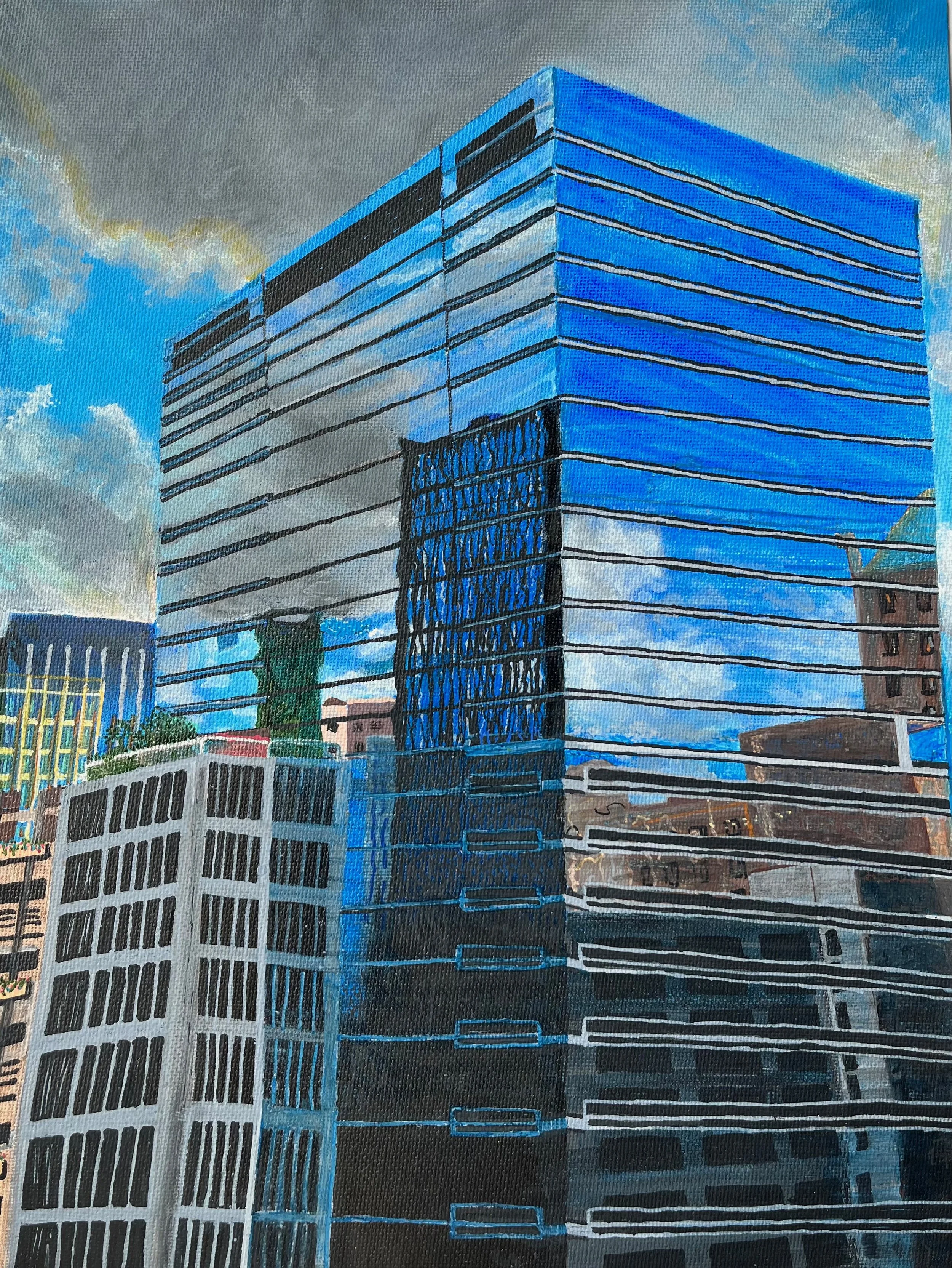 Painting of modern glass skyscrapers in an urban cityscape, reflecting blue skies and clouds.