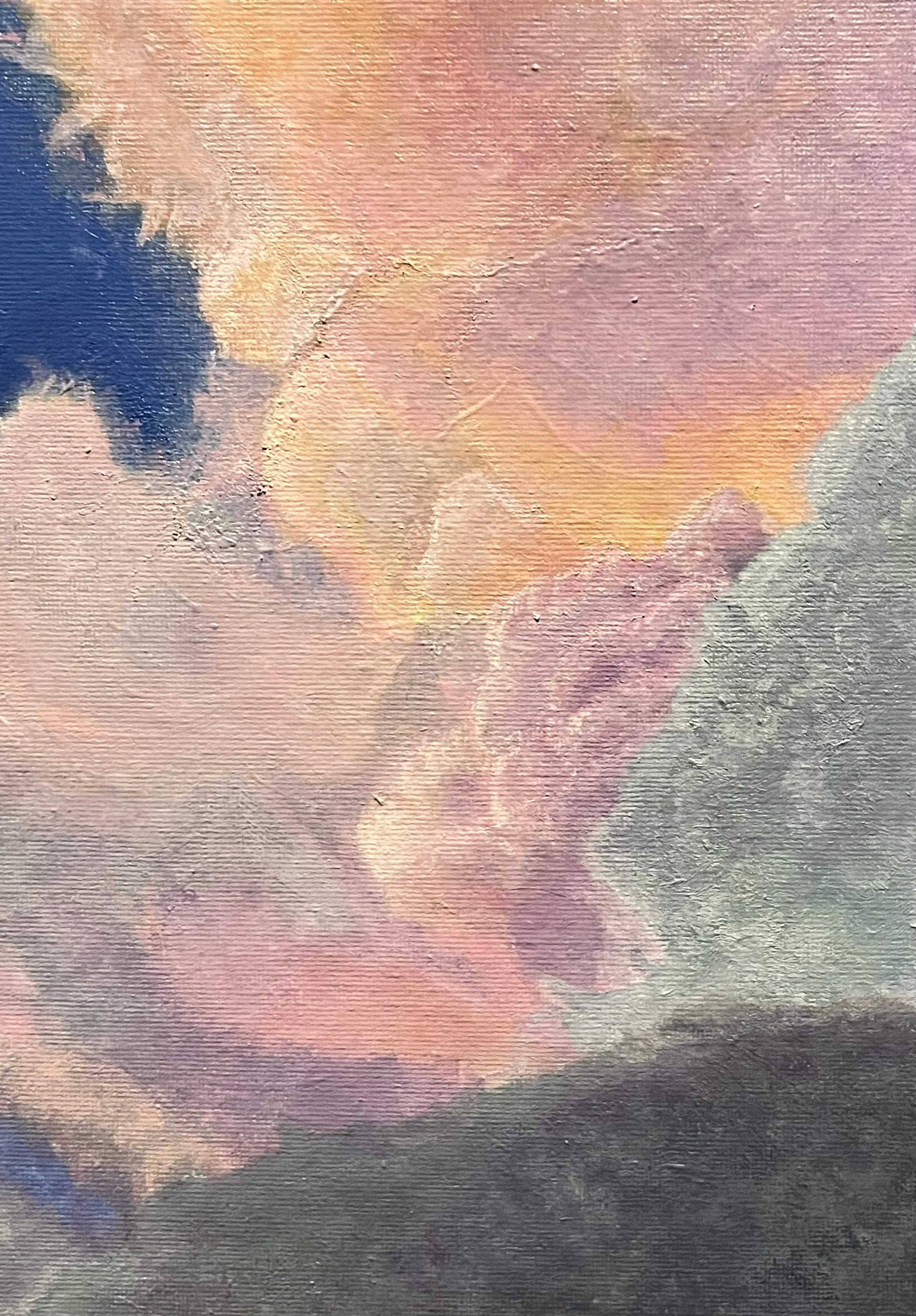 Close-up of a colorful oil painting depicting a sky with pink, orange, purple, and dark blue clouds.