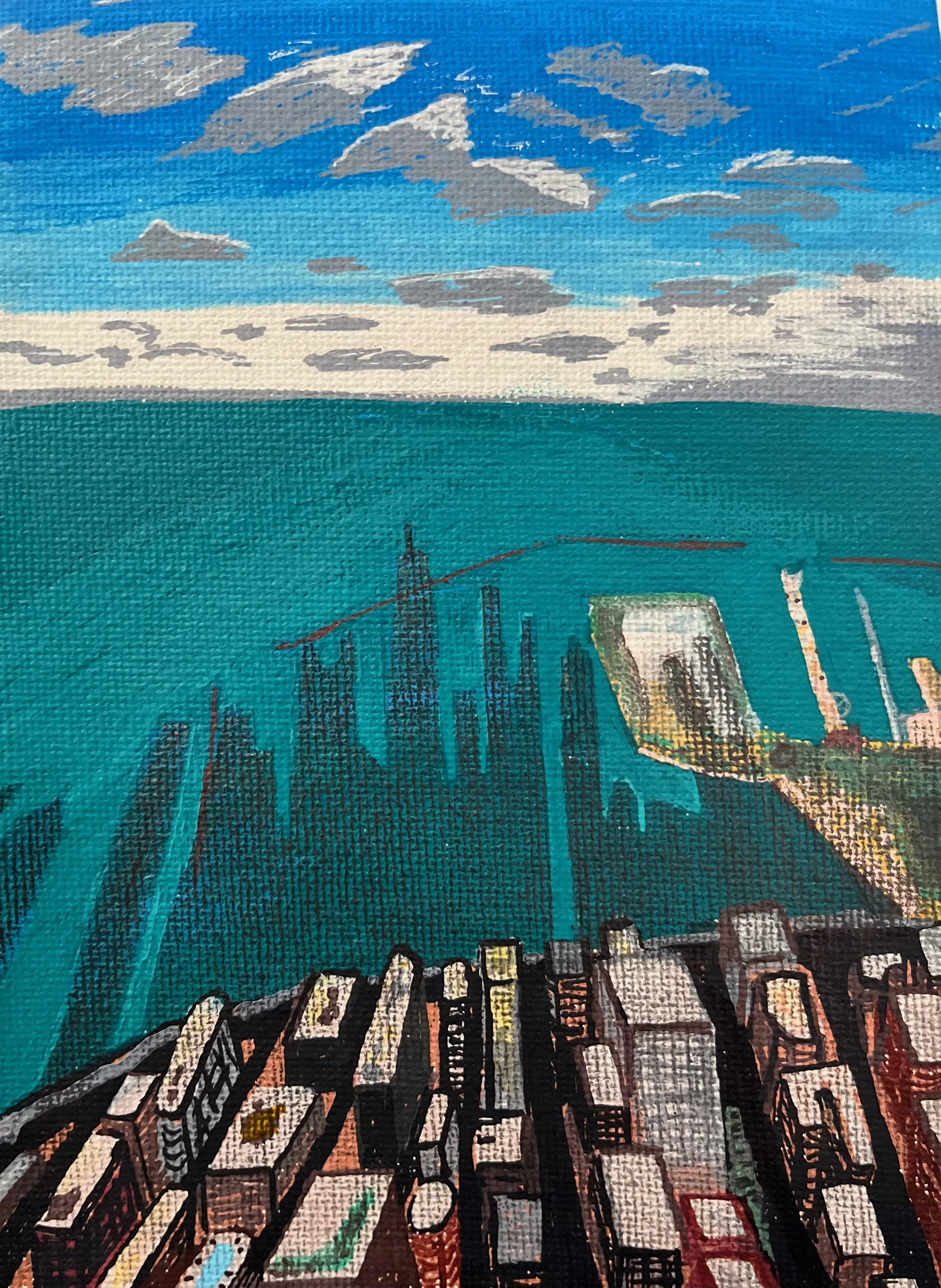 A painting of a cityscape featuring a mix of tall skyscrapers and shorter buildings under a partly cloudy sky. The scene appears to depict a modern urban environment with a prominent high-rise building in the background.