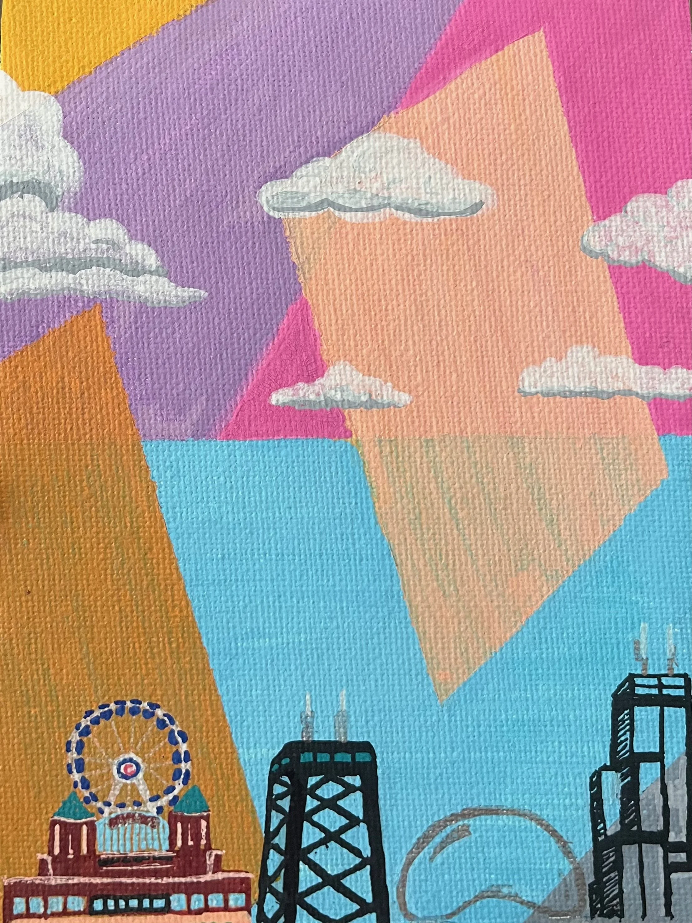 Colorful abstract painting featuring a city skyline with a ferris wheel, tall buildings, and a sky filled with clouds against a patchwork background of vibrant colors.