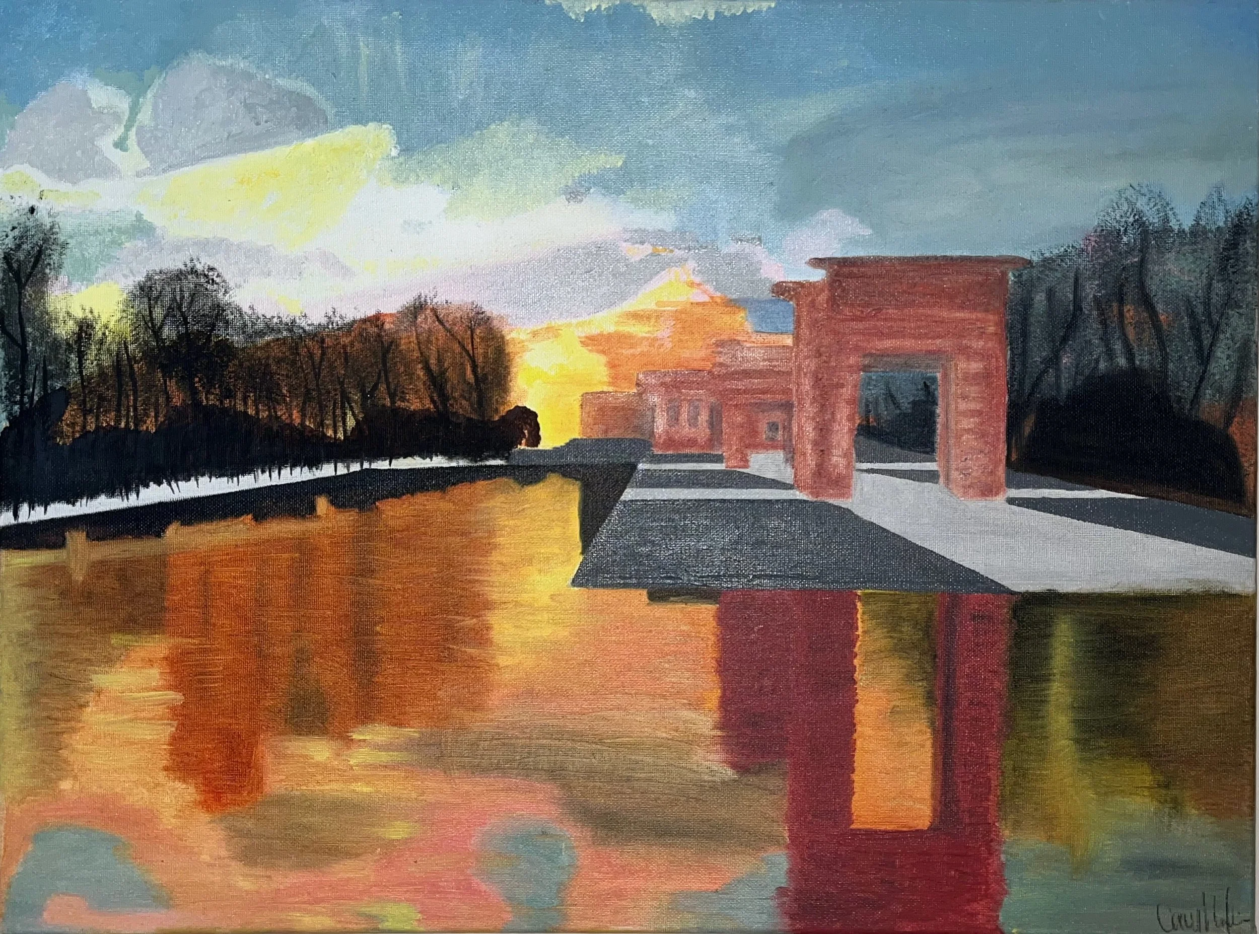 sunset in madrid at templo de debod. painting, reflective fountain, egyptian gift