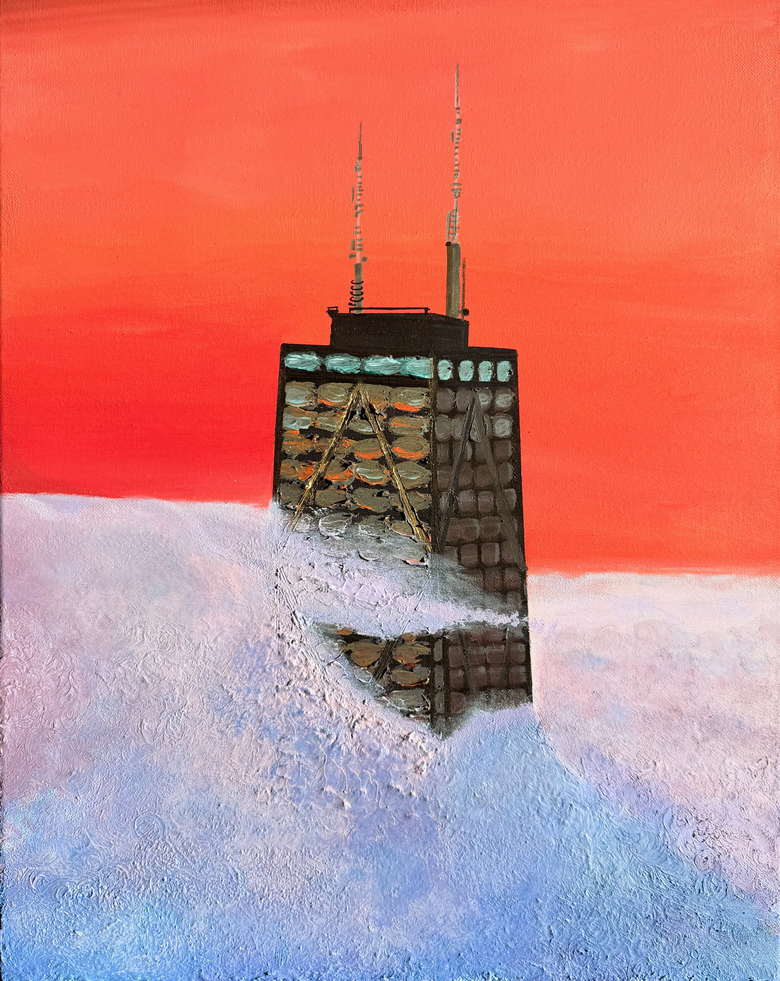 landscape/urbanscape painting with john hancock (360 chicago) over the clouds in chicago 