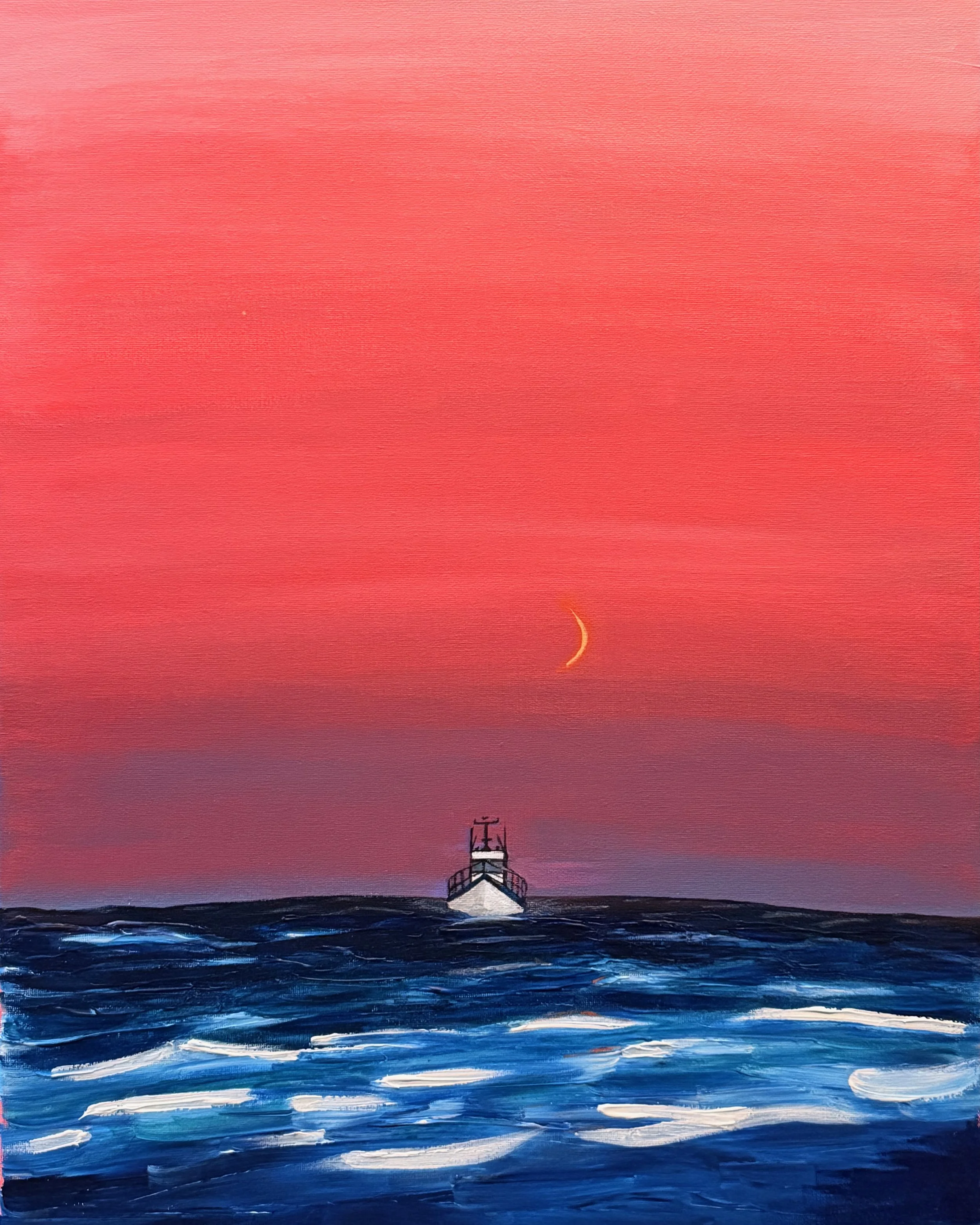fishing trip art, landscape with soft skies, chicago pop art, skyscraper art