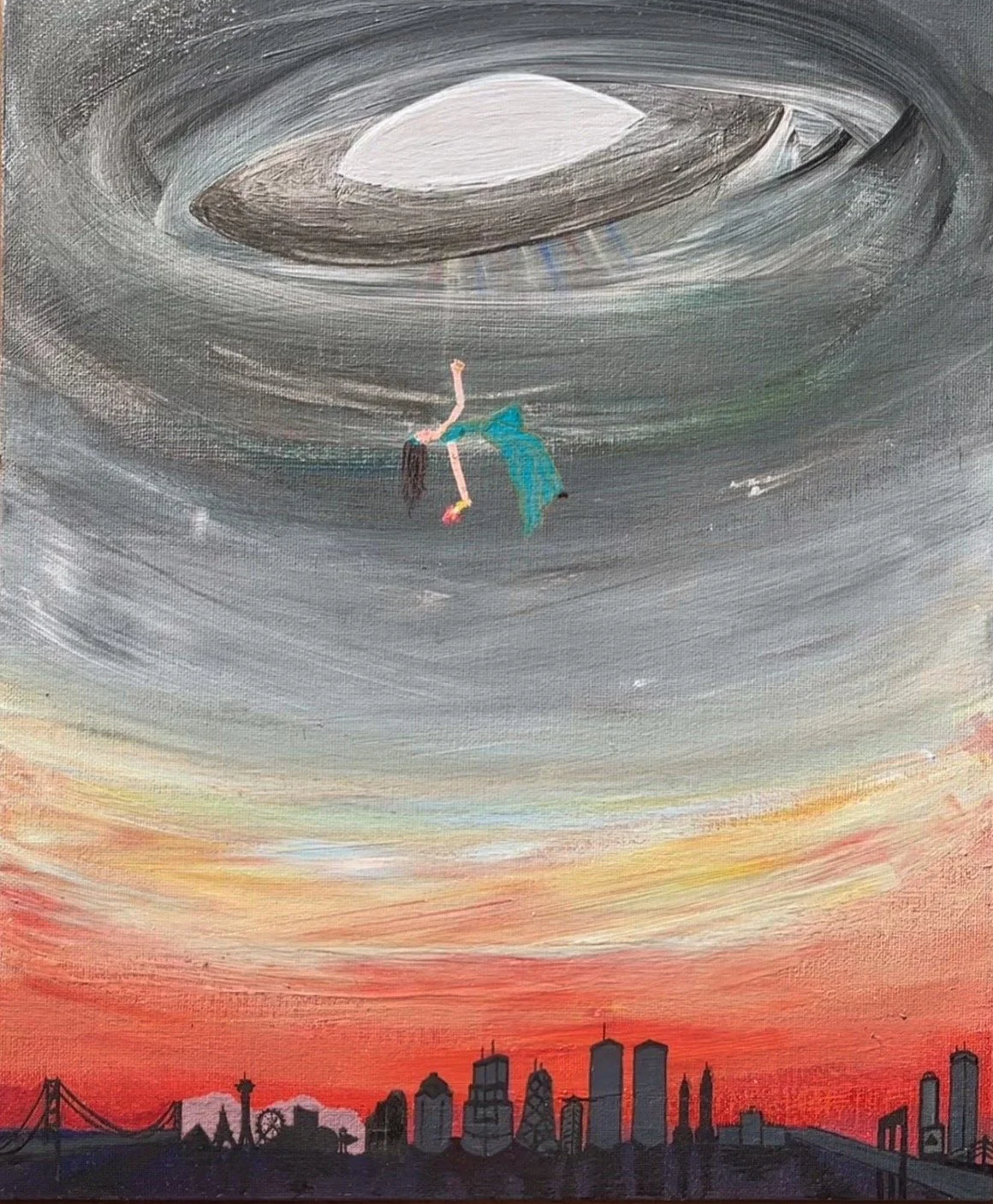 alien abduction, alien, ufo, skyline, skyscrapers, painting, home calling