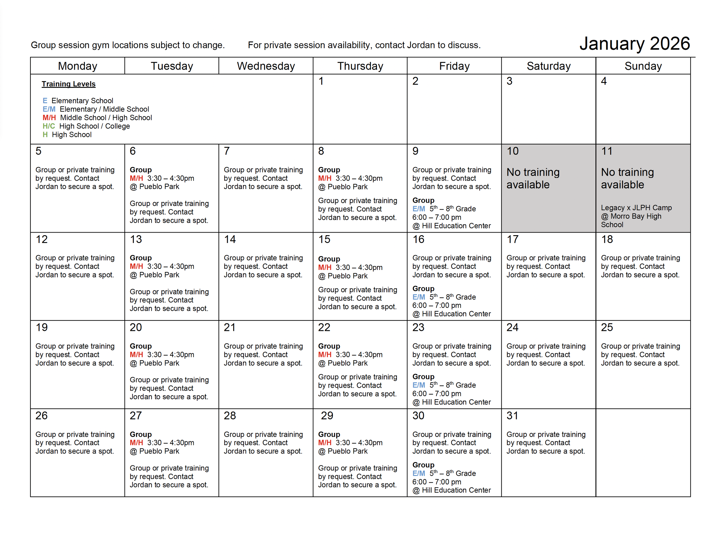 Training availability on calendar view
